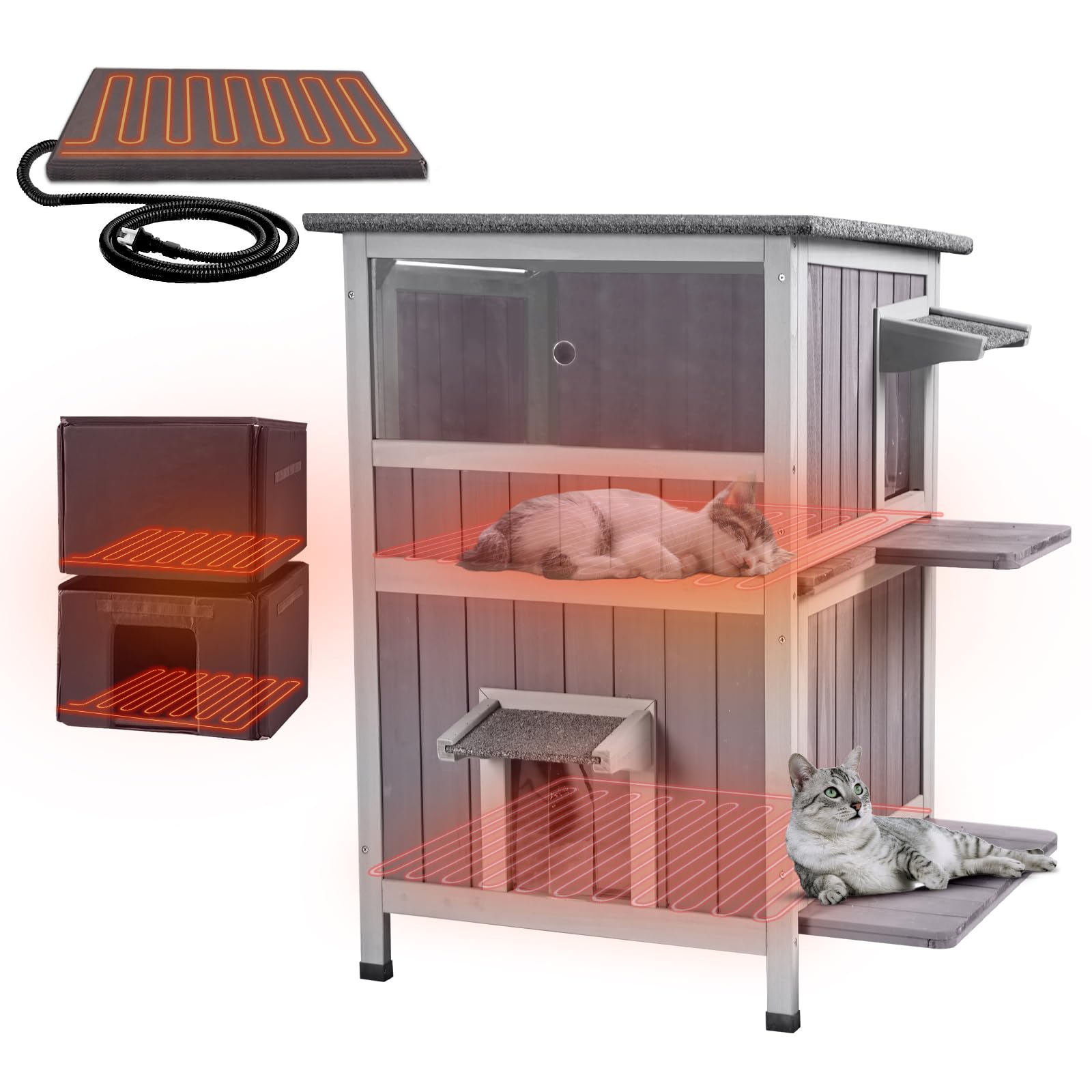 GUTINNEEN Heated Cat House for Outside 2-Story Large Heated Outdoor Cat House Weatherproof Cat Shelter with Heating Pad and Insulated Liner for Multiple Cats Feral Stray Kitty, 28"L x 23"D x 34.4"H