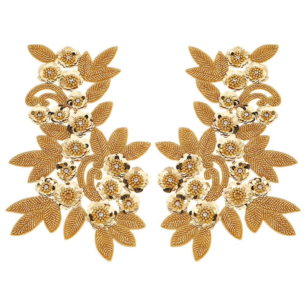 MAYJOYDIY 2Pcs 3D Flower Beaded Lace Applique Goldenrod Sequin Flower Lace Fabric Floral Embroidery Appliques Embroidered Gown Patches for DIY Sewing Crafts Cheongsam Wedding Dress Clothing Decor