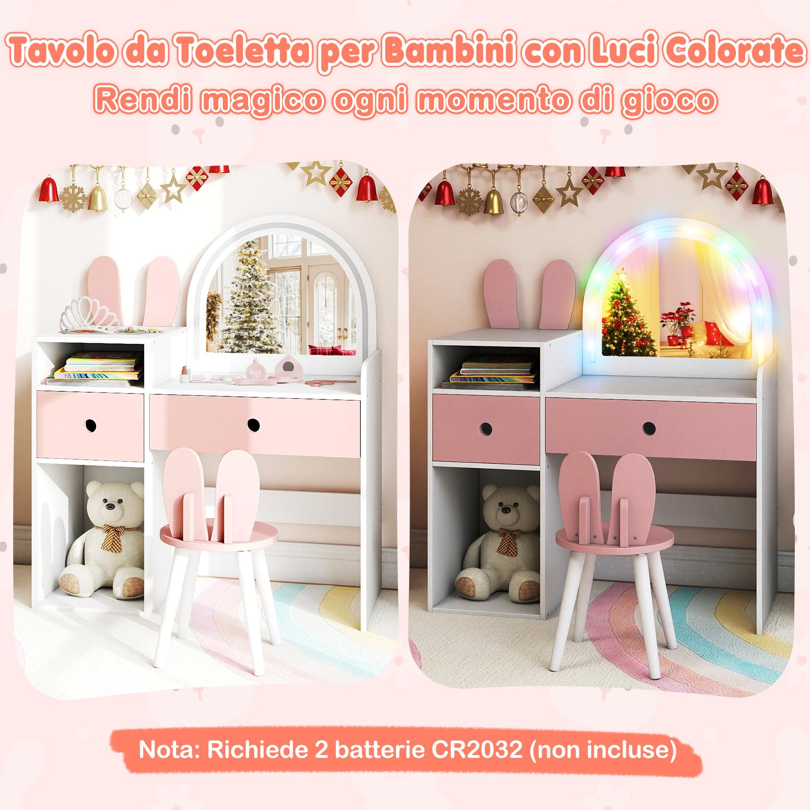 COSTWAY Toeletta Trucco per Bambina 3+ Anni con Sgabello, Tavolo Trucco in Legno Sicuro con Specchio Illuminato, Scaffali Aperti e Cassetti, Set Mobile da Principessa per Cameretta Bambina (Bianco)