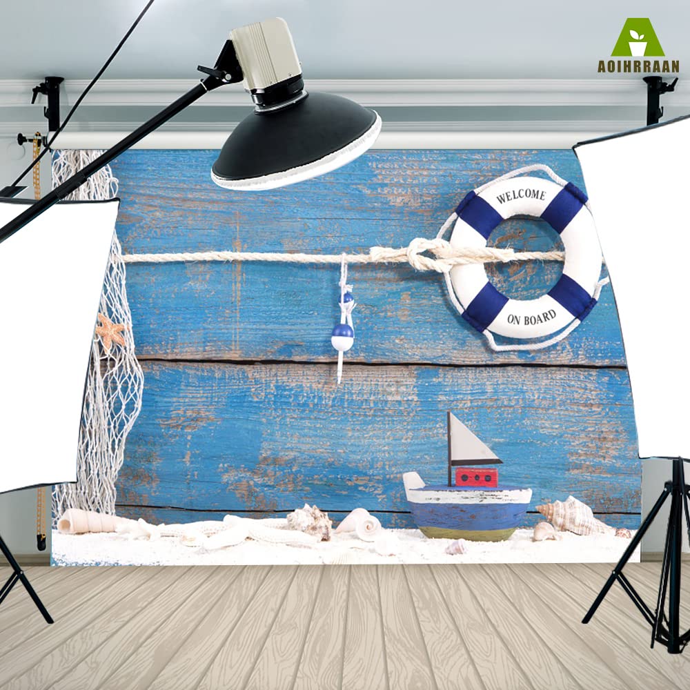Aoihrraan 2,2x1,5m Telón de Fondo náutico Navegación Salvavidas Tablero de Madera Azul Viaje marítimo Fondo de fotografía Suministros para Baby Shower Sesión de Boda Niños Adultos Retrato Foto Prop