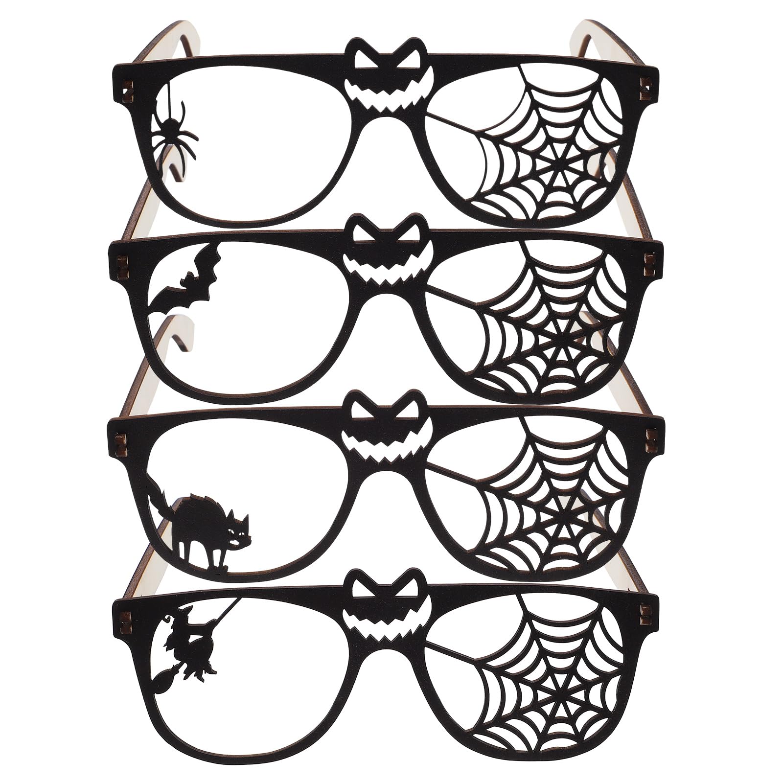 LOGOFUN 4pcs Halloween Party Glass Wooden Eyeglasses Frame with Black Cat Witch Bat Spider Charms Hollow-out Eyewear Frame for Halloween Party Favors - Black
