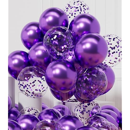 AULE Party Balloons Pack of 42 - Metallic Balloons & Confetti Balloons and 64ft Ribbons - 12 Inch Purple Balloons Decorations Set
