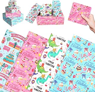 Gift Wrapping Paper, 4Pcs Birthday Wrapping Paper Sheets Recyclable Gift Wrap, 4 Different Birthday Print Design Wrapping Paper for Wedding Party Mens Girls Boys (52 X 75cm)