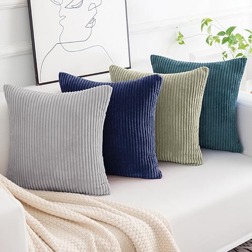 Miniatura 5 de Softalker Juego de 4 fundas de almohada de pana suave a rayas sólidas, 18 x 18 pulgadas, decoración moderna para sofá, dormitorio, sala de estar