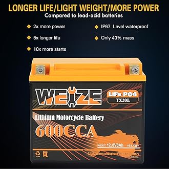 Weize Lithium YTX20L-BS, Group 20, 600A LiFePO4 Motorcycle Battery, 12V 8AH ATV, UTV, Jet Ski, 4 Wheeler, Snowmobile, Personal Watercraft, Seadoo, Polaris, Generator and Riding Lawn Mower Battery