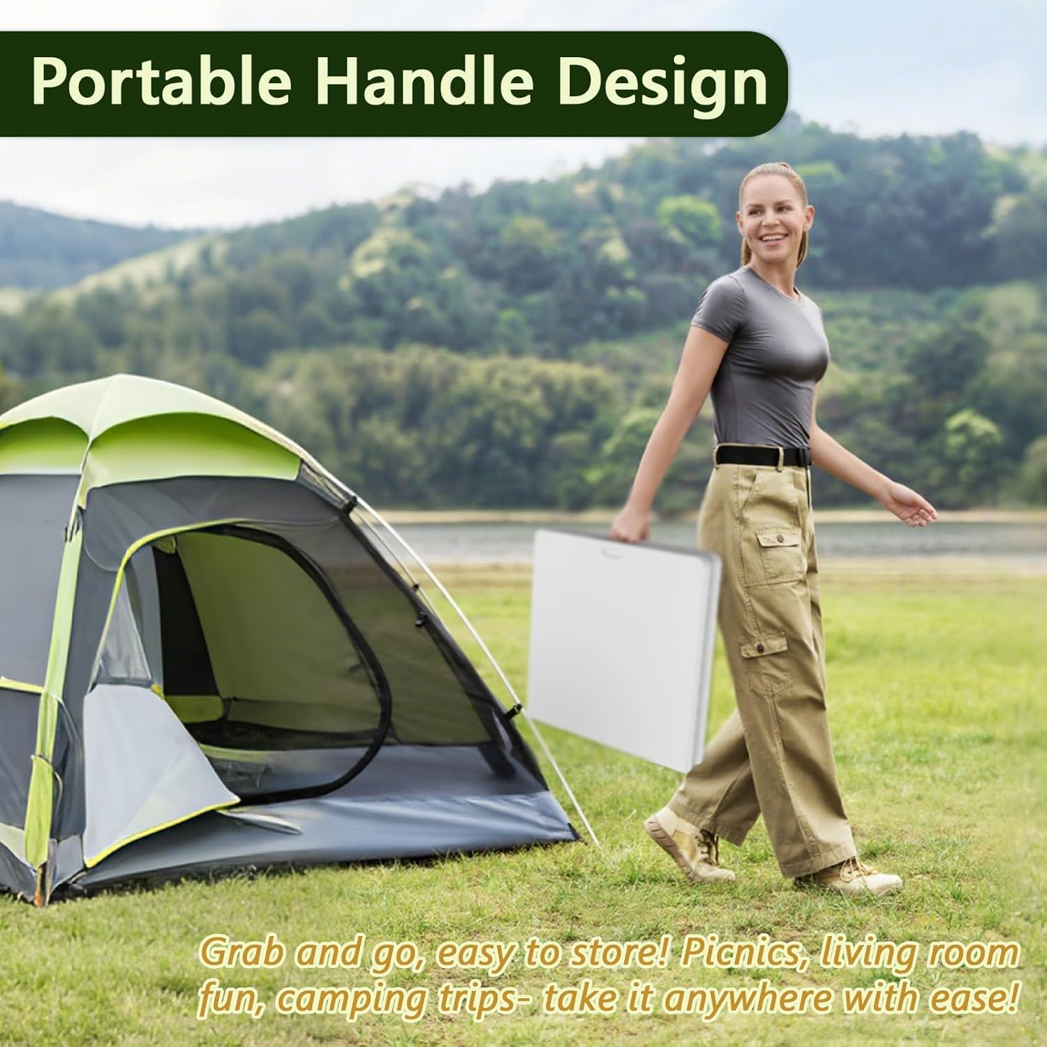 4FT Folding Table - Portable Plastic Fold-in-Half Table for Indoor/Outdoor Use, Picnic, Dining, Easy Storage