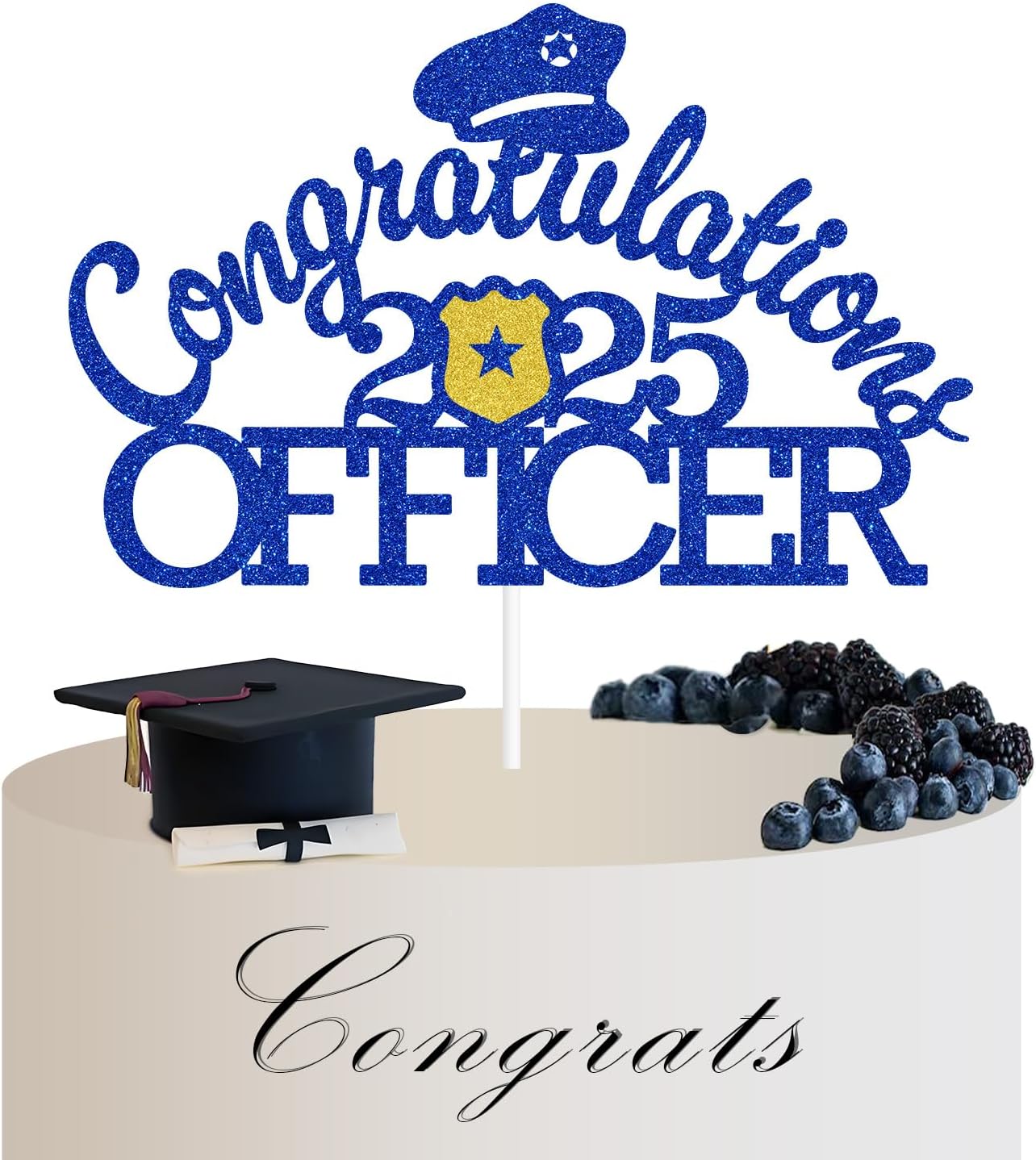 Congratulations Officer Cake Topper, Congrats Police Officer, 2025 Police Academy Graduation Party Decorations Blue Glitter