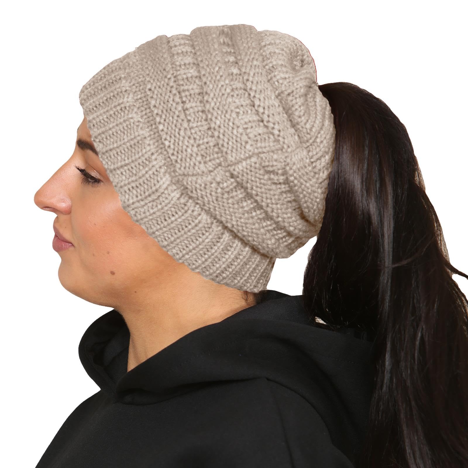 True Face Womens Ponytail Hat Stretch Knit Hats Ladies Messy Bun Beanie Warm Winter Headwear Beige One Size