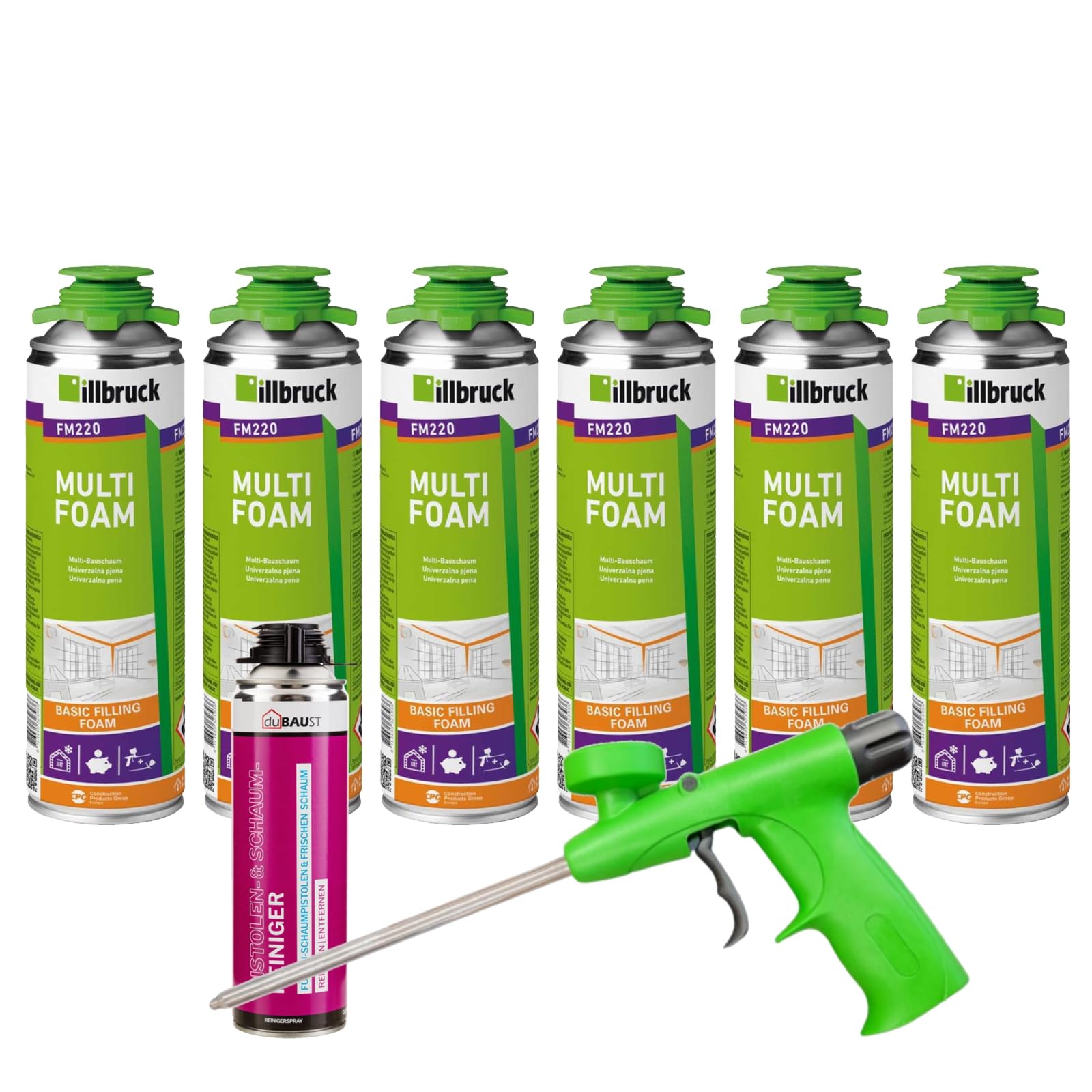 FM220 Bauschaum Montageschaum Pistolenschaum Multischaum Fensterschaum hohe Schalldämmung Wärmedämmung 500ml Kombisets (mit Reiniger AA290 + Schaumpistole Standard, 6x 500ml)