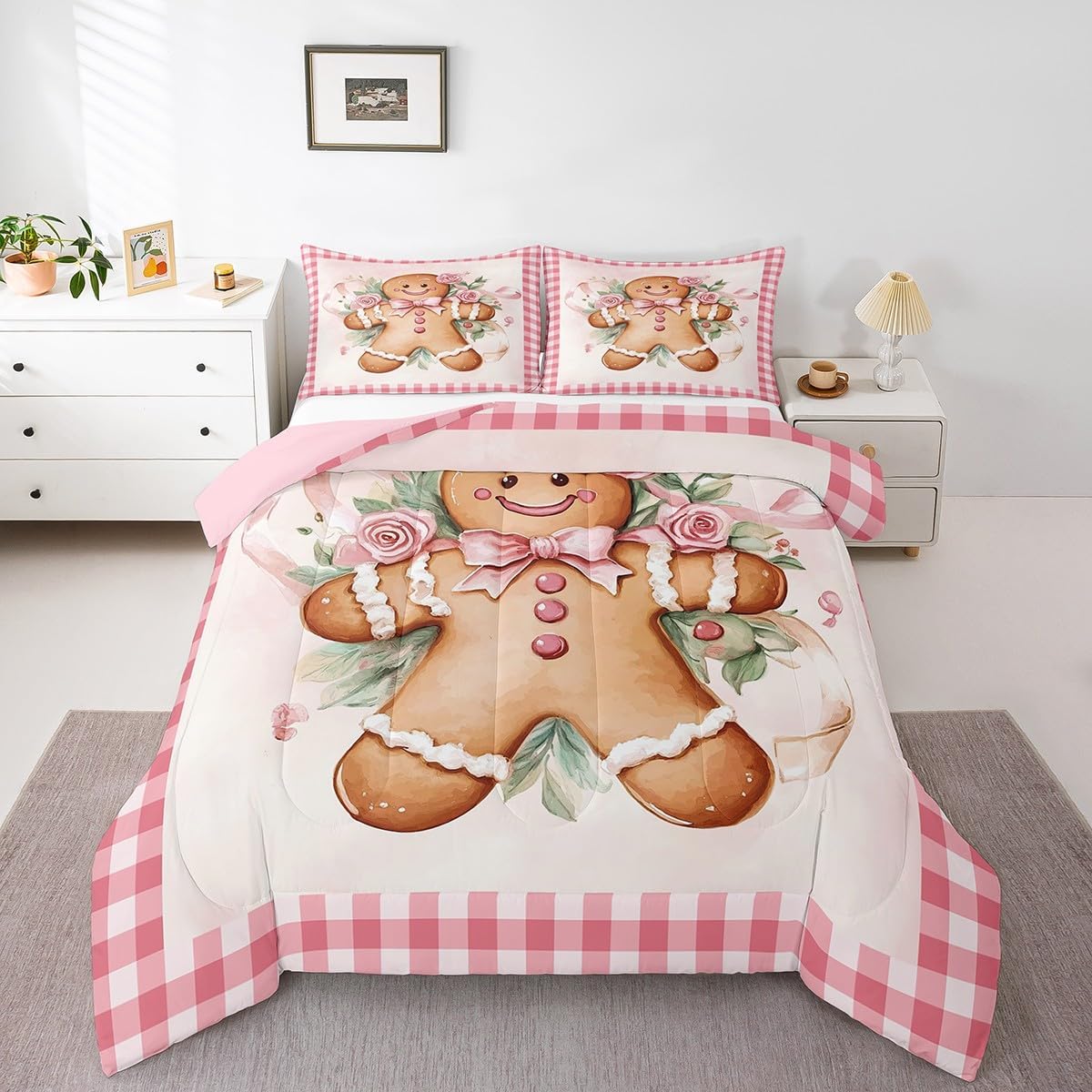 Castle Fairy Gingerbread Man Comforter Set King Size,Pink Christmas Bedding Set 3Pcs for Kids Girls Boys Women Room Decor,Geometric Pink White Grid Quilt Set Winter Sweet Duvet Insert,2 Pillowcases