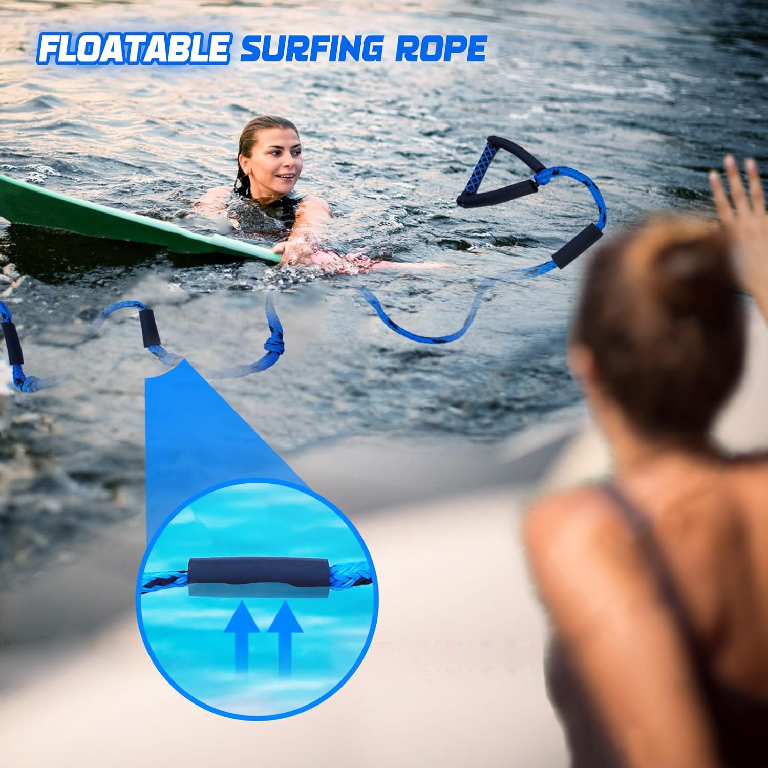 25FT Floating Wakesurf Ropes and Handle, 4 Sections Adjustable Surf Tow Rope for Wakesurfing and Watersports, White and Blue