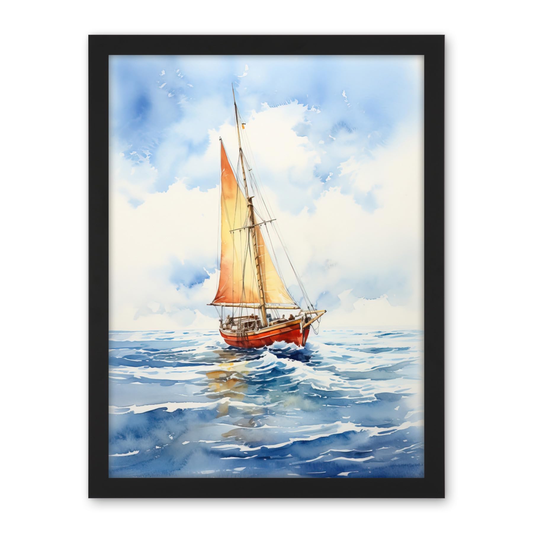 Artery8 Orange Sailing Boat Watercolour Painting Bathroom Artwork Sail at Sea Seascape Artwork Framed Wall Art Print 18X24 Inch