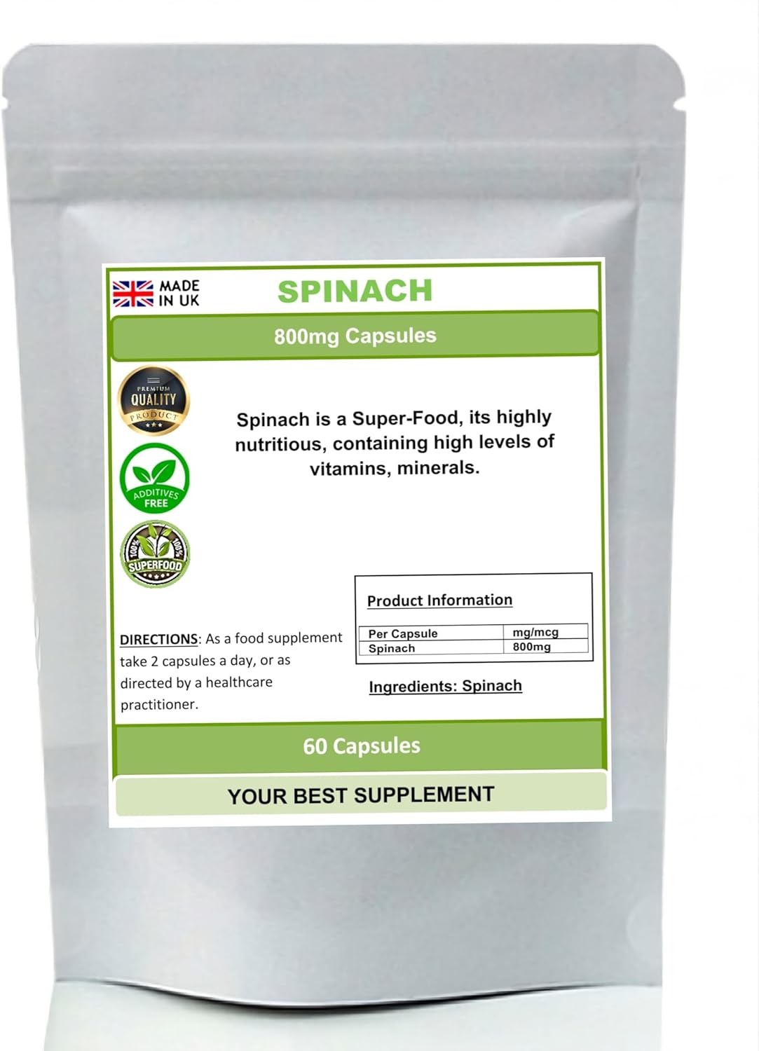 Spinach 800mg Capsules 100% Pure High Strength Super-Food(NoFiller No Additive) (60)