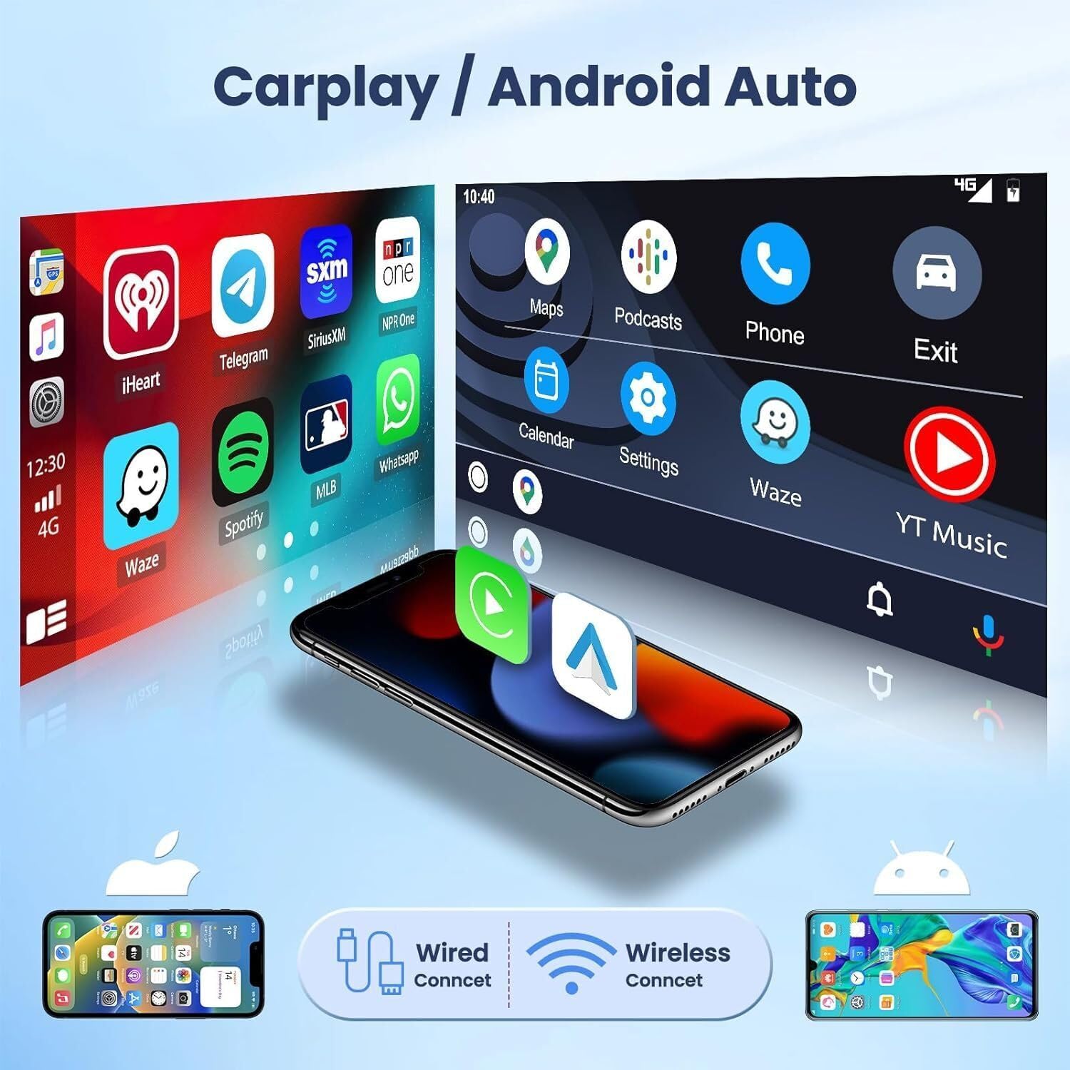 Graphic illustrating wireless and wired CarPlay and Android Auto connectivity options, showing smartphone screens mirrored on the car stereo.