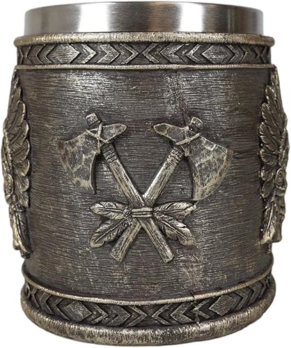 Miniatura 5 de Ebros Gift Nativo americano indio tribal jefe guerrero cráneo con águila cucaracha tocado y doble hacha cruzada taza de café taza de bebida jarra