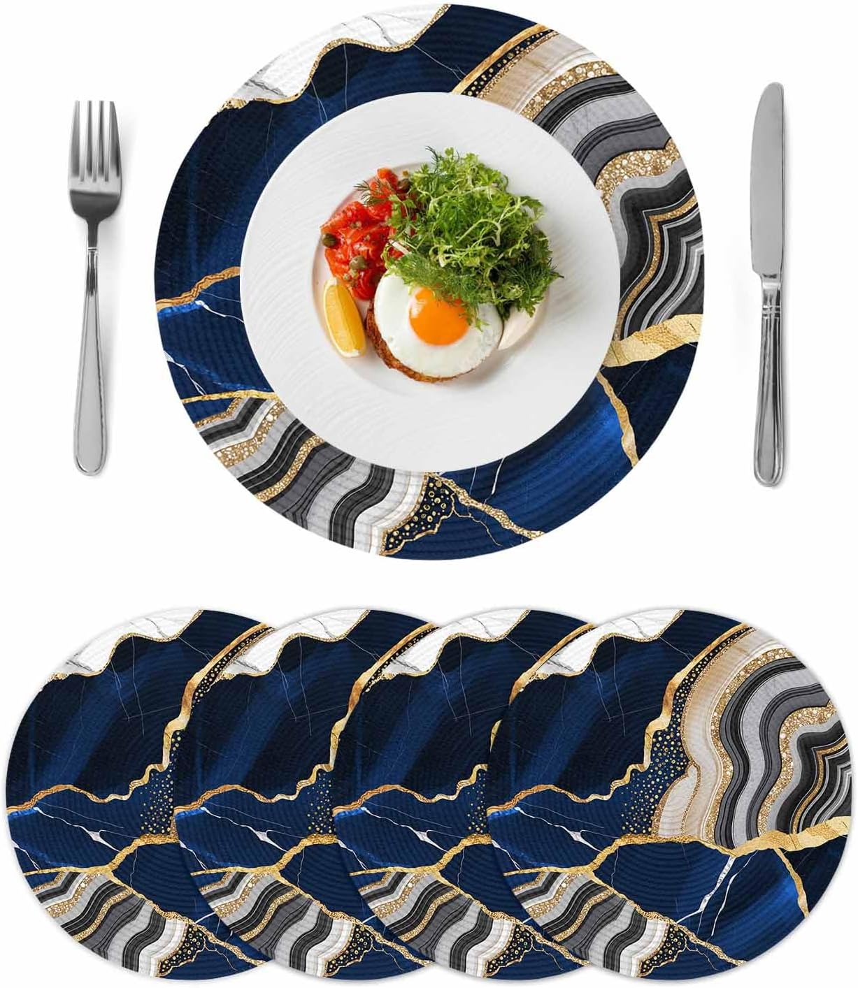 Round Placemats Set of 4 Blue Marble Texture Place Mats Washable Woven Placemat Abstract Gold Fluid Circle Braided Table Mat for Kitchen Dining Table Party Home Decor 15 Inch