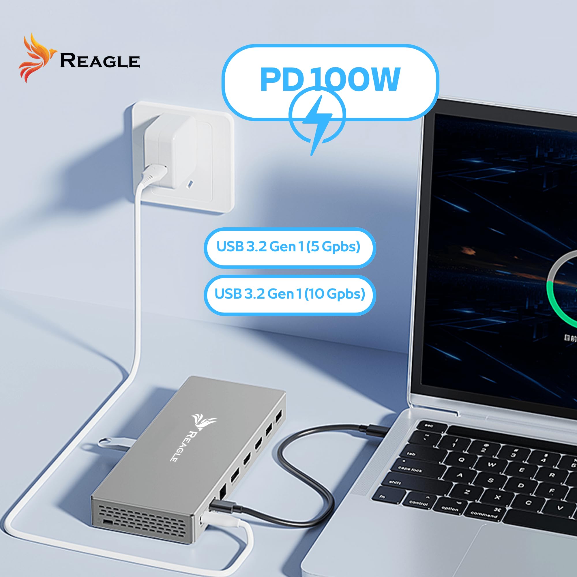 Reagle HUB USB-C 16 w 1 USB-C 2X HDMI, 1 x DP, 7X USB MST 4K60Hz stacja dokująca PD100W, LAN RJ45, Thunderbolt USB-C 3.2 10 Gb/sAudio 3,5 mm Micro SD TF 3.0
