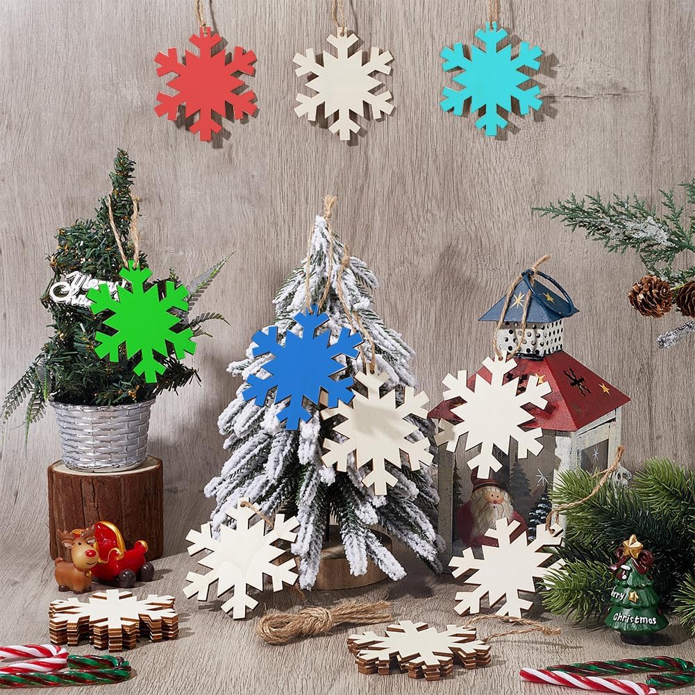 50Pcs 3 Inch Wooden Snowflake Ornaments DIY Wooden Christmas Ornaments Natural Unfinished Paintable Blank Cutouts Embellishments with Jute Twine for Craft Centerpieces Hanging Home Decoration