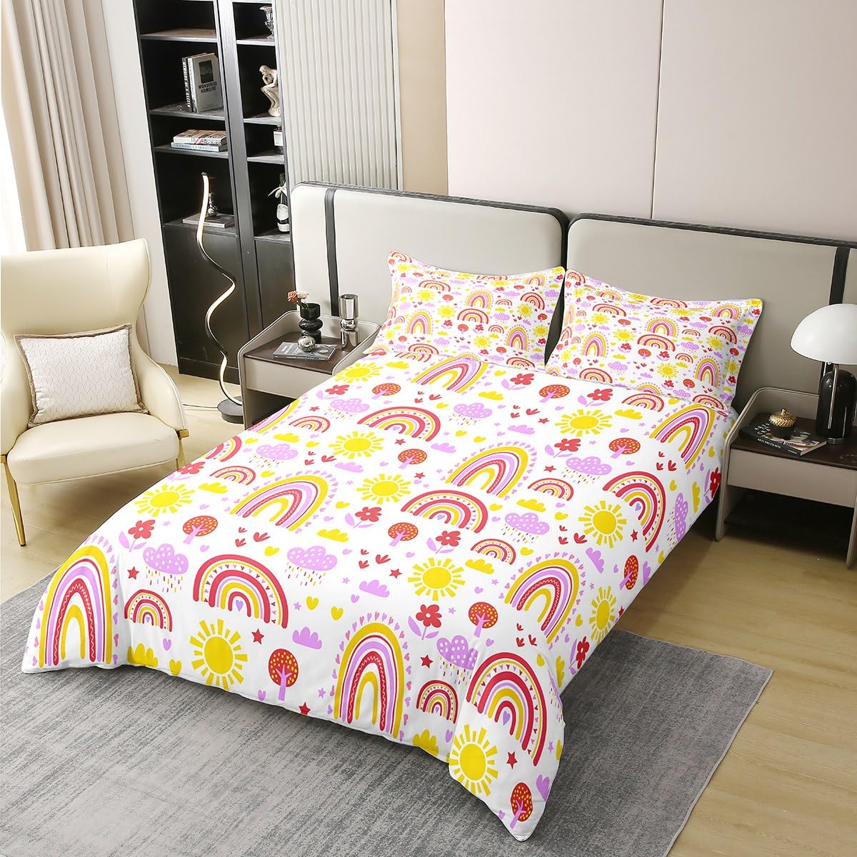 Manfei Juego de funda de edredón infantil 100 % algodón, diseño de nubes, flores, sol, árbol, 3 piezas, diseño de dibujos animados, decoración de habitación de niña, 2 fundas de almohada, sin edredón