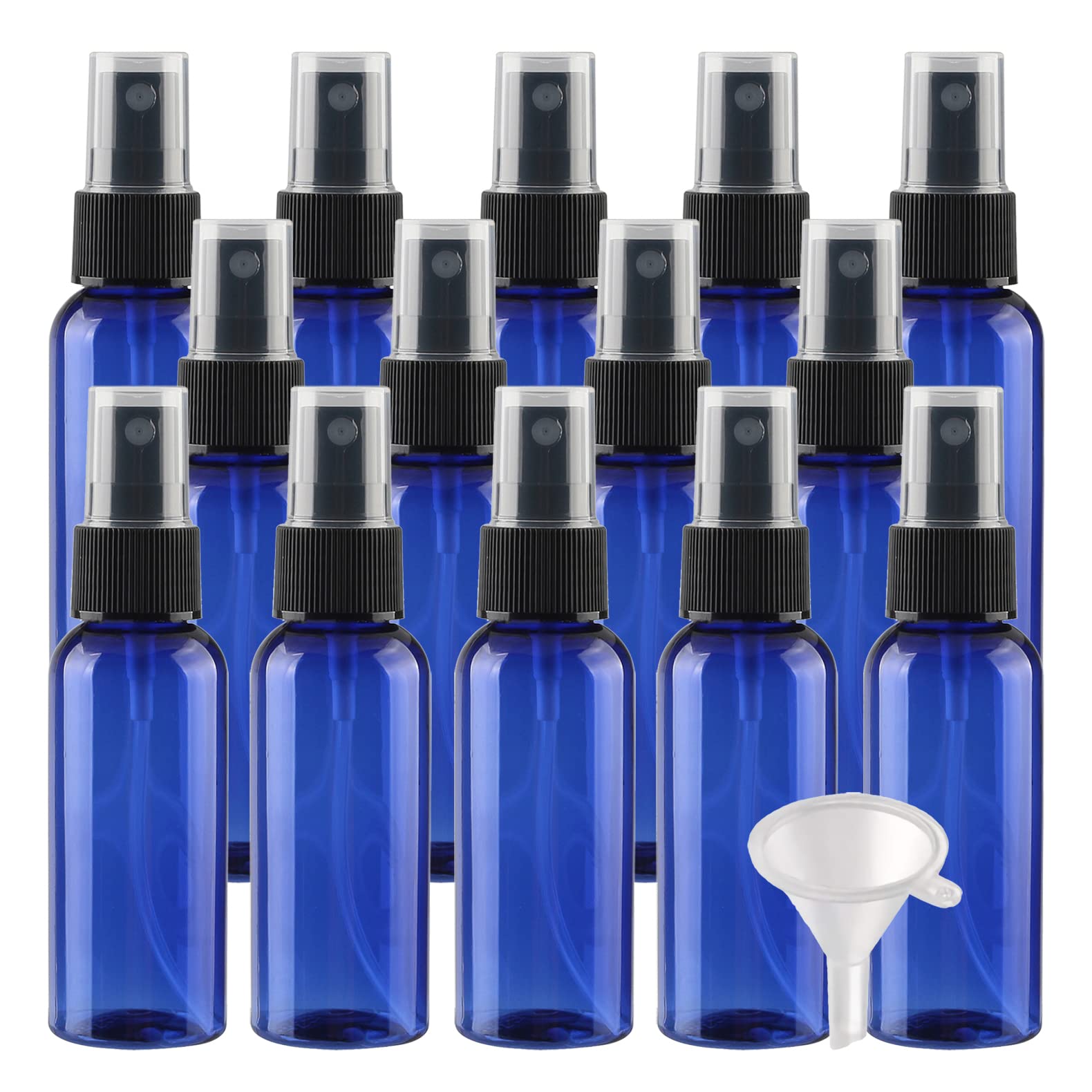 50 Stück Leer 50ml Blau Plastik PET Sprühflasche Reise Zerstäuber mit Schwarz Sprühkopf, Klein Feinen Nebel Parfümzerstäuber Reiseflaschen mit 4X Trichter