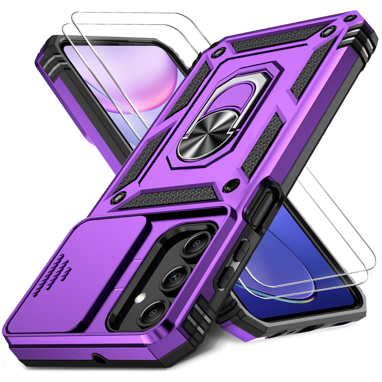 HakkTaoo Case for Samsung Galaxy A15 5G with Slide Camera Cover+Screen Protector(2 Packs), Military Grade Shockproof Protective Cover, Rotated Ring