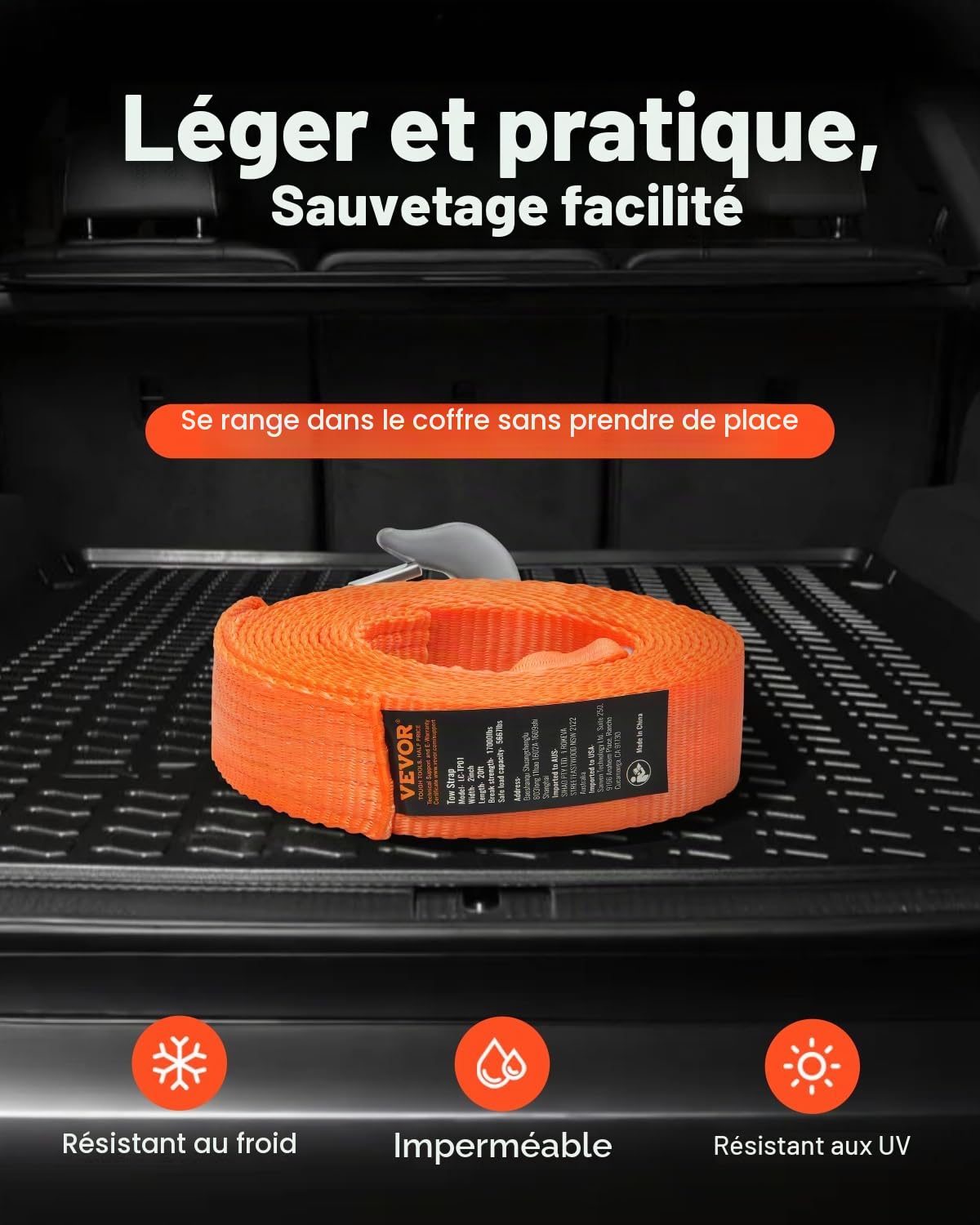 VEVOR Sangle de Remorquage Récupération Cinétique Robuste, 50,8 mm x 6,1 m, Résistance à la Rupture 7711 kg, avec Crochets, Remorquages et Récupérations pour Camion, Véhicules Tout-Terrain, SUV, VTT