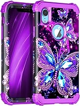 Miqala Compatible with iPhone XR Case,Glow in The Dark Three Layer Heavy Duty Shockproof Hard Plastic Bumper+Soft Silicone Protective Case for Apple iPhone XR,Dark Butterfly