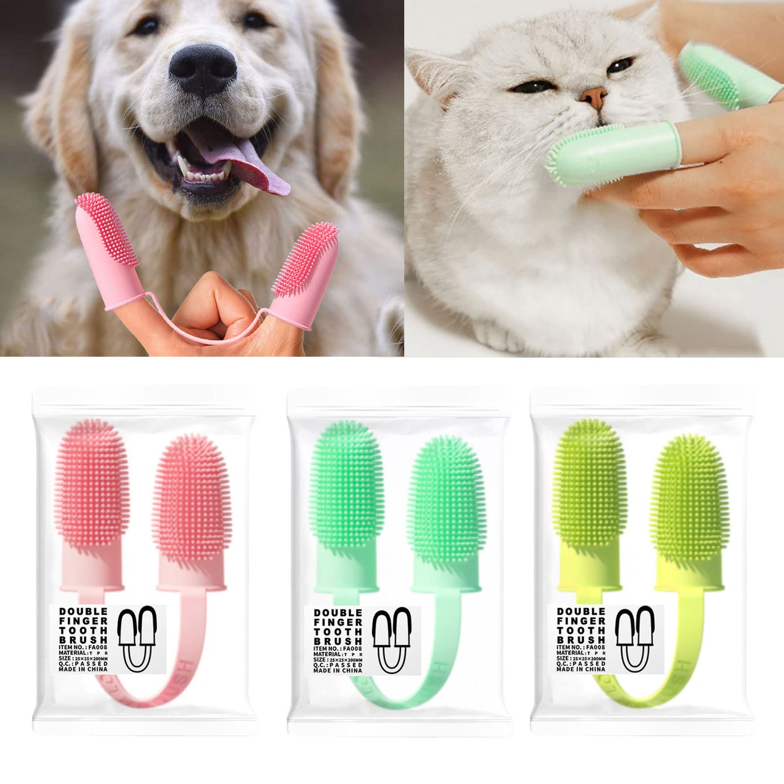 Osdhezcn Dog Toothbrush for Teeth Cleaning, 2-Finger Small Finger Brushes with Soft Silicone Bristles, Pet Care for Dogs and Cats, Green