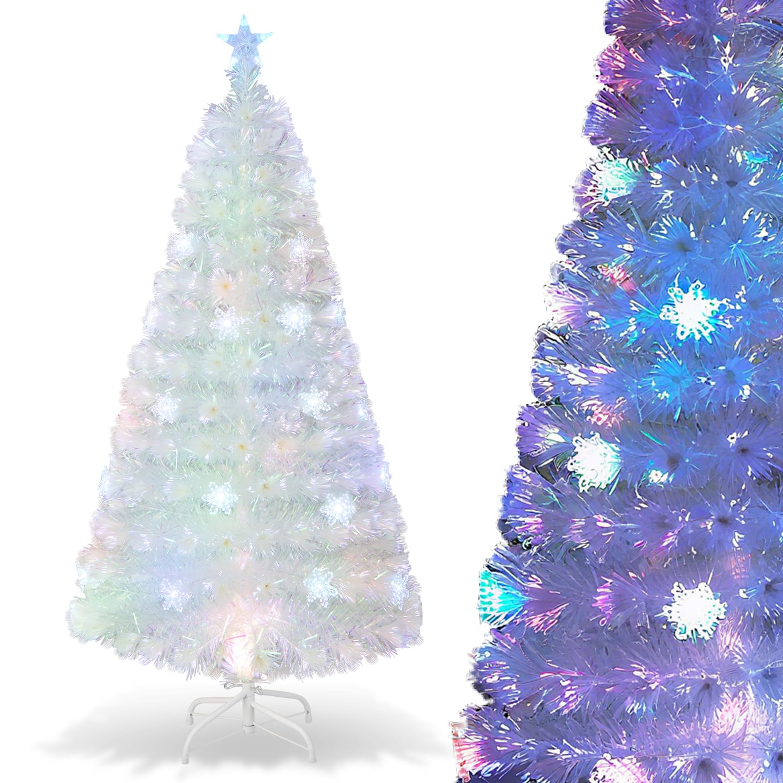 GYMAX Sapin de Noël Artificiel 150cm Lumineux LED, 24 Flocons de Neige de Lumières Multicolores, 170 Branches Blanches en Fibres Optiques, Support en Métal, pour Maison Magasin École Bureau