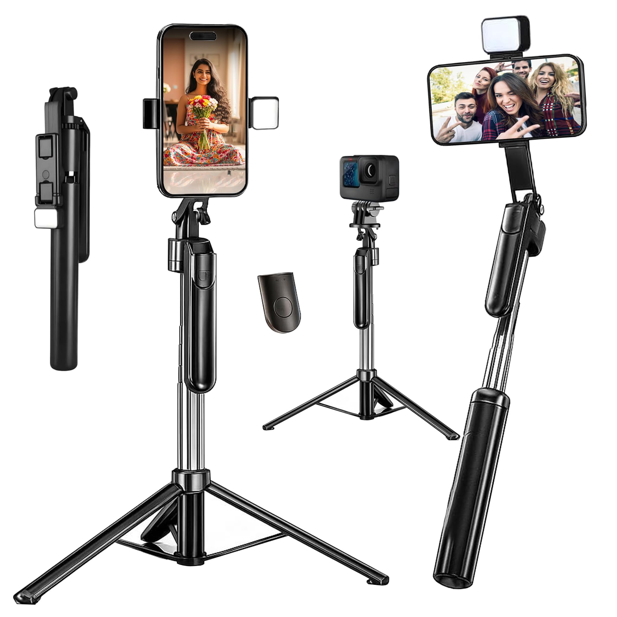 Kratos Upgraded 2026 Selfie Stick Mobile Tripod, LED Bright Fill Light, Wireless Bluetooth Remote,62" Extendable Reinforced Tripod,Antishake 360° Rotating Handle,Multifunction Wide-Angle,Selfie,Vlogs-image-37