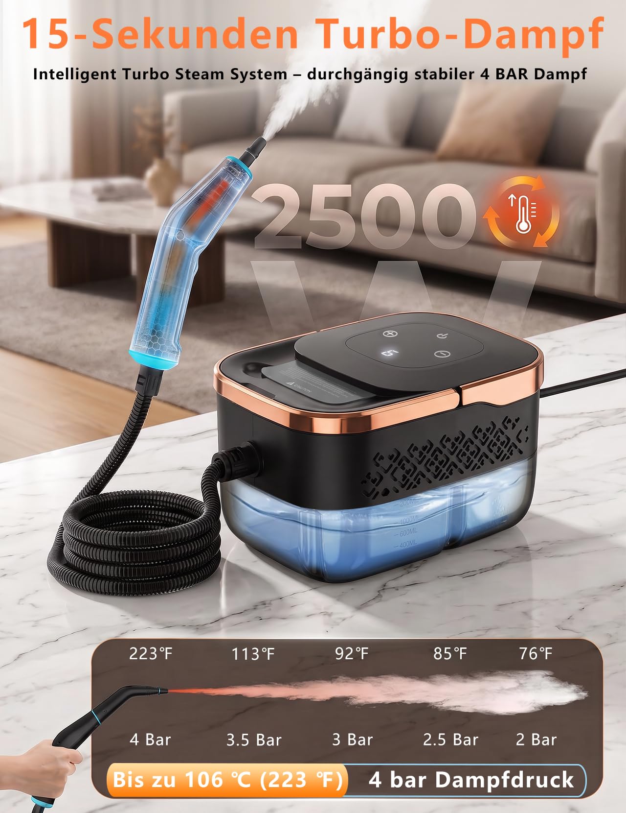 Myjka parowa 2500W ręczna 6 biegów 1250 ml (Czarny)