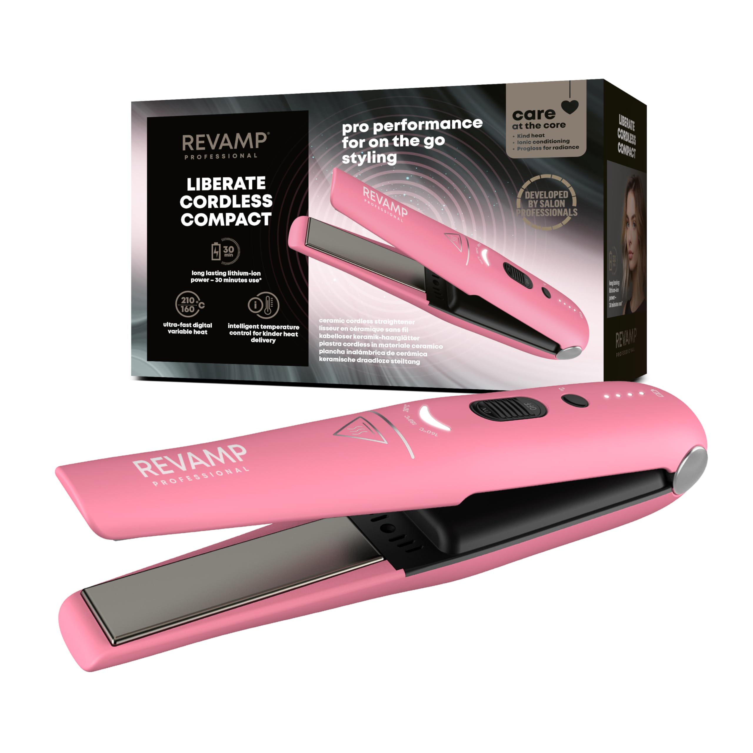 REVAMP Progloss Liberate Compact, Piastra per Capelli Compatta in Ceramica Cordless con Tecnologia Ionica, Infusa con Oli Liscianti Anticrespo, Temperatura 160°C-210°C, Rosa