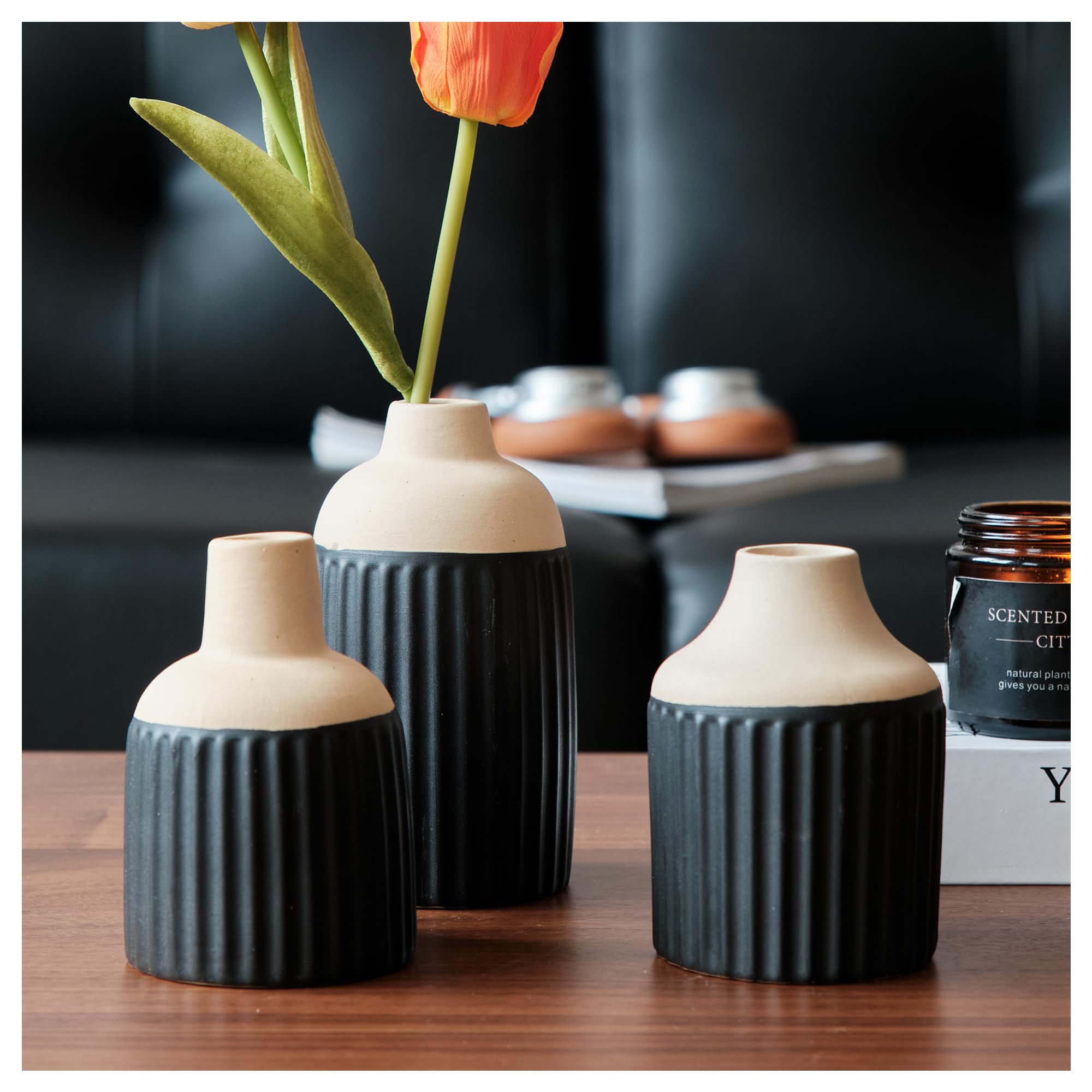 Black Decorative Vase Set of 3 - Modern Boho Style Ribbed Ceramic Bud Vases for Flowers, Mini Small Vases for Shelf, Shelves, Bookshelf, Entryway