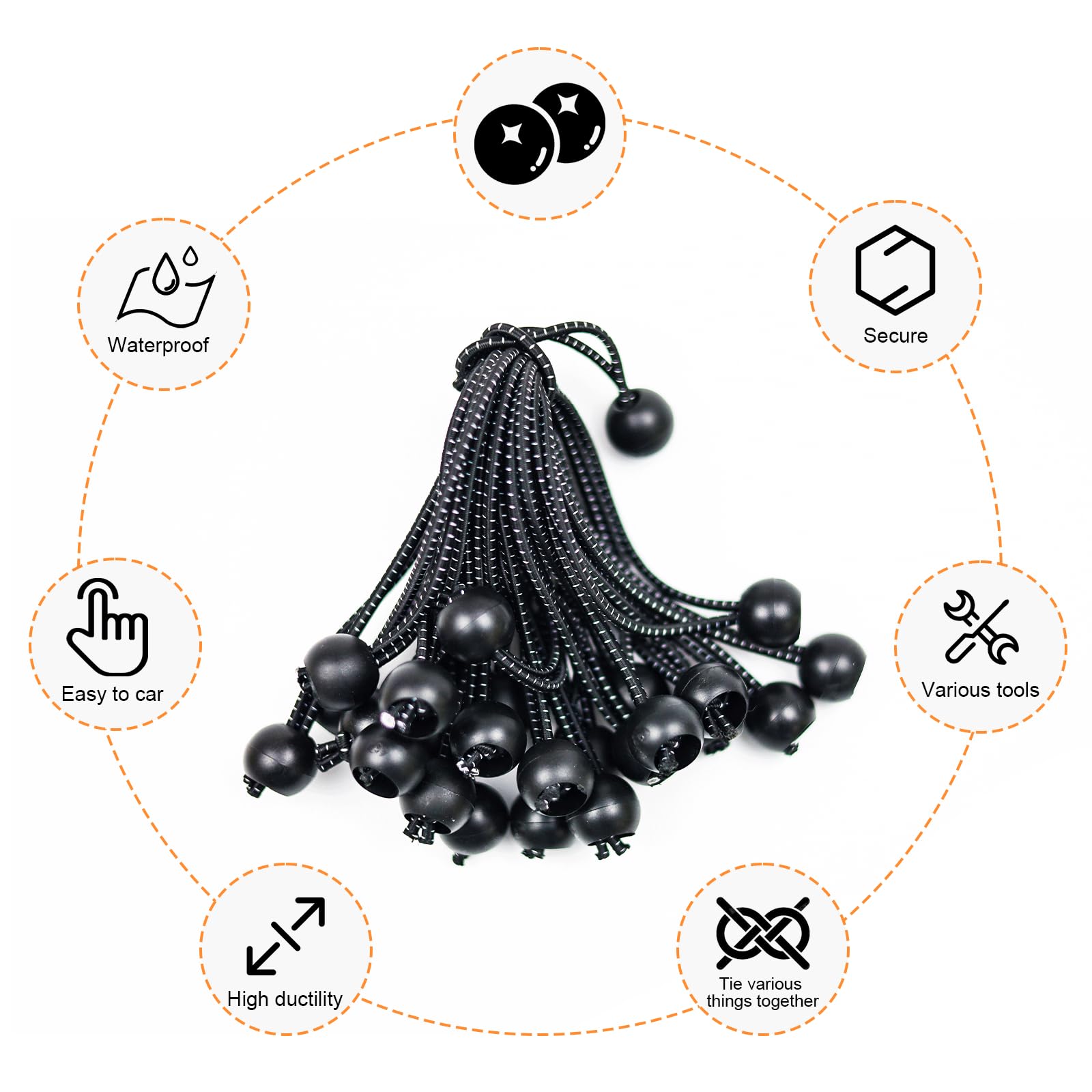 50 Tensores Elásticos Con Bola Para Toldos, Carpas, Cortinas – Negro, Resistentes A Rayos UV, Se Estiran Hasta 25 Cm
