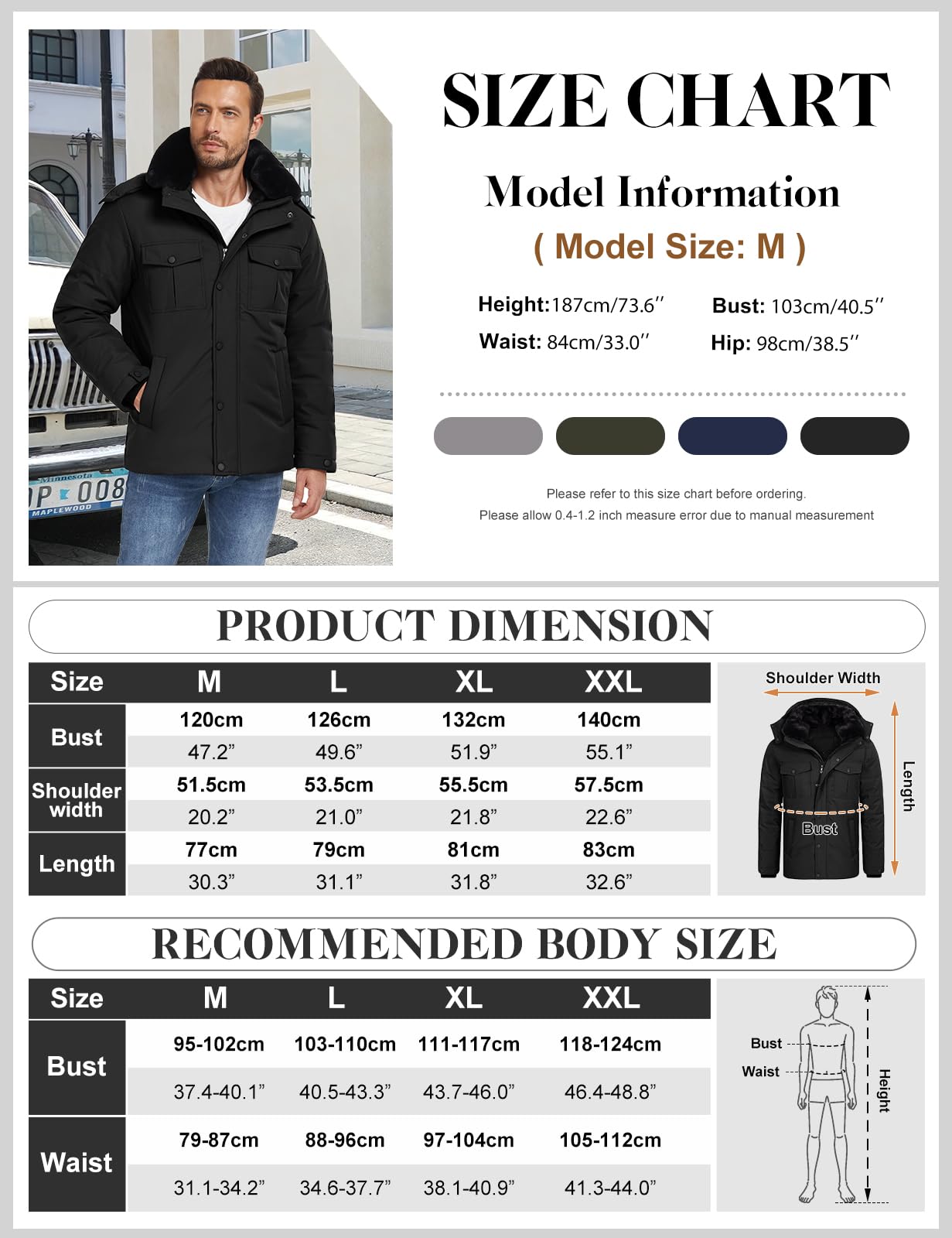 Tuopuda Abrigo Parka Térmico Hombre con Capucha Desmontable Chaqueta de Invierno para Hombre Parka Cortaviento con Cremallera