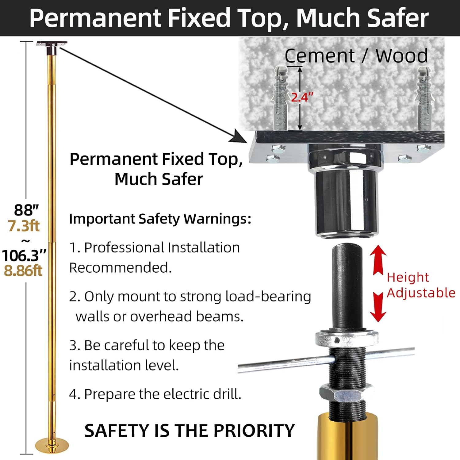 prior fitness permanent fixed dance pole kit, professional 45mm spinning & static dancing pole heavy-duty steel pole dance for home, adjustable height excellent for home exercise studio club gym gold