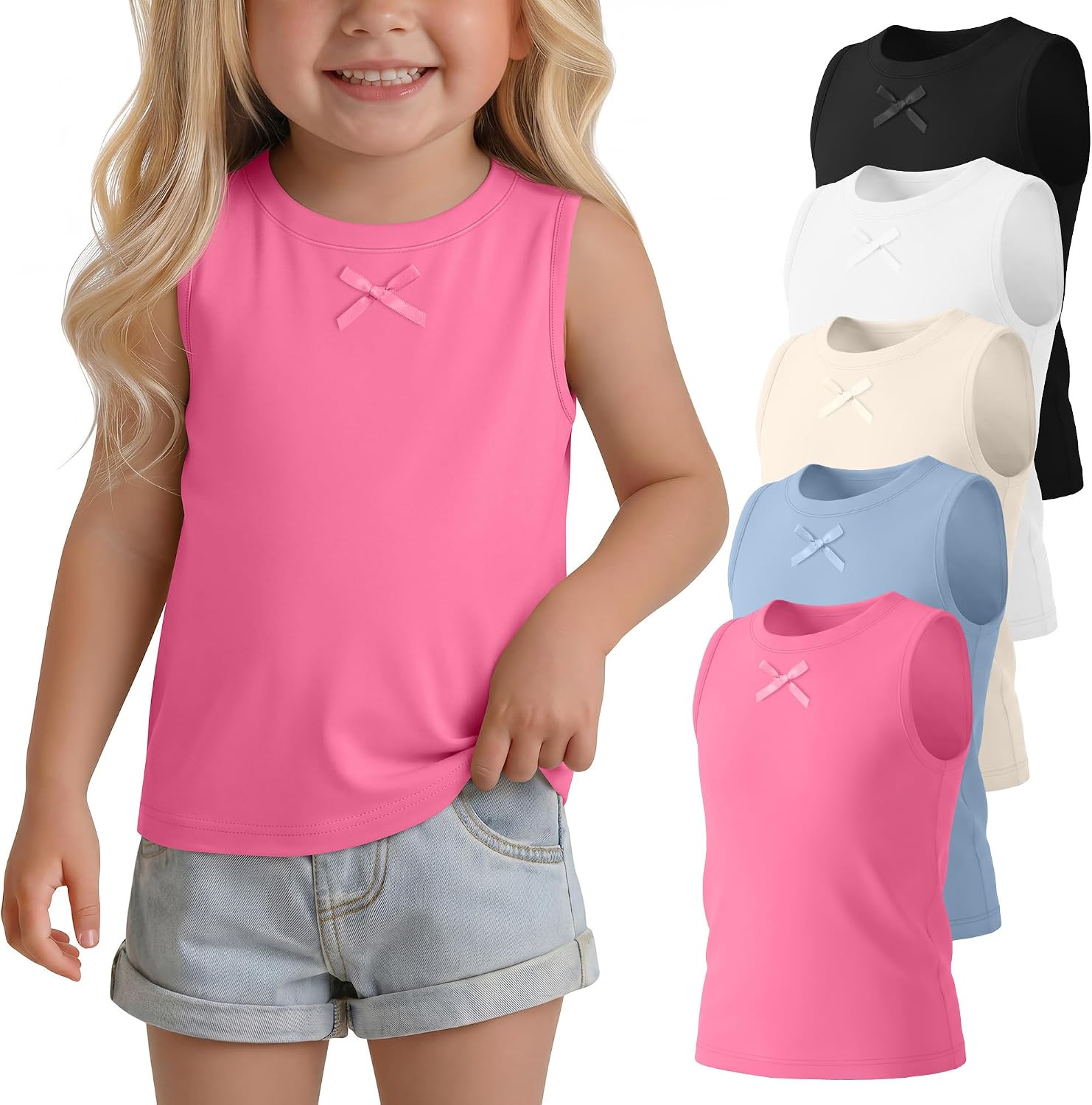 5 Pack Toddler Girls Tank Tops Baby Sleeveless Crew Neck Shirts with Bow Kids Summer Cute Basic Undershirts 18M-5T