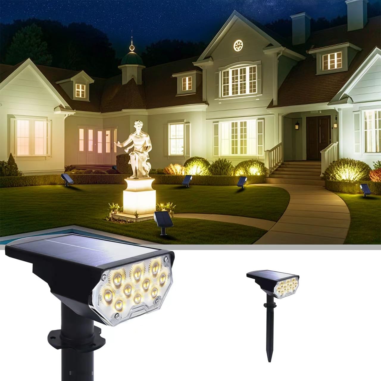 2 Pack Solar Spot Lights Outdoor, Warm White Adjustable Landscape Uplights