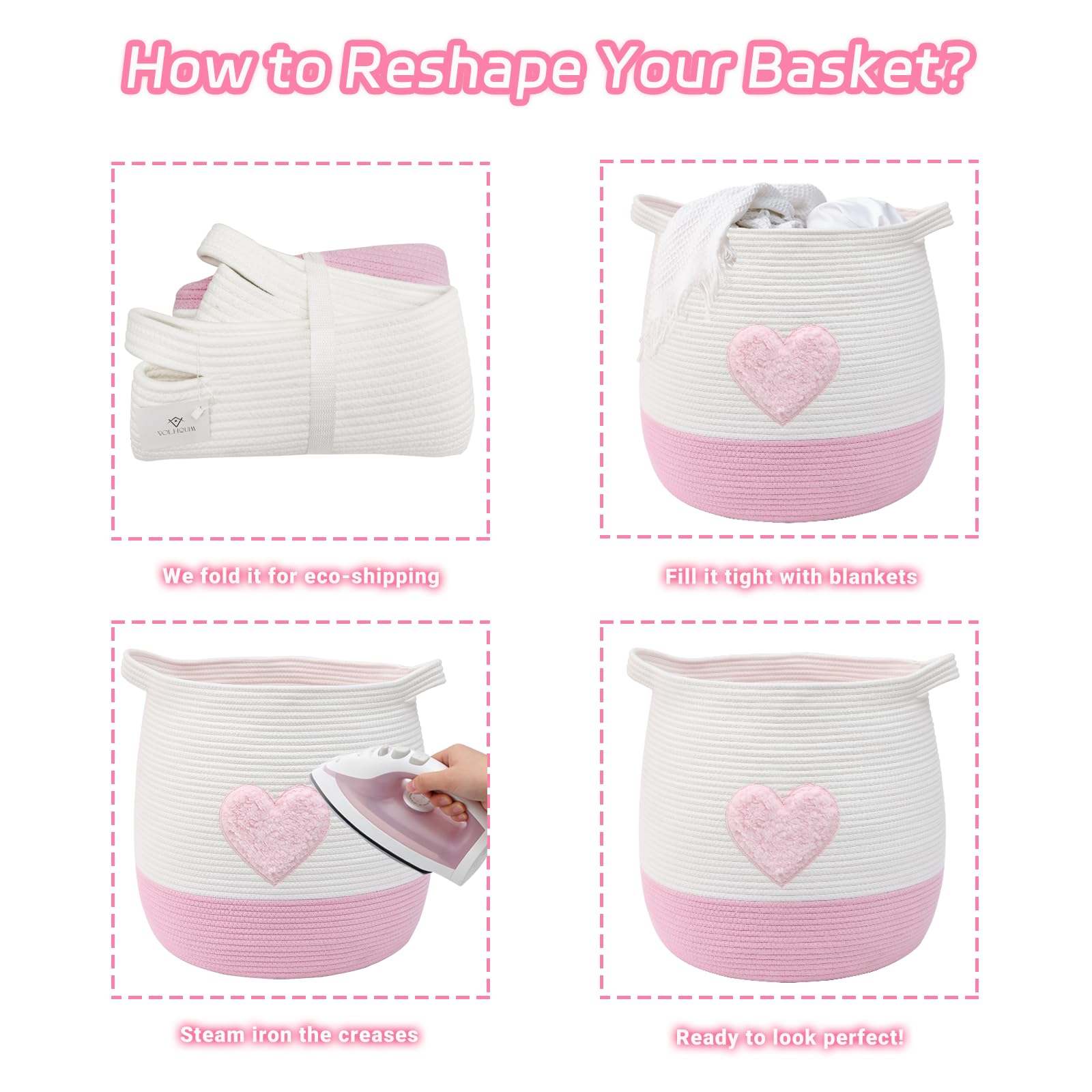 Grand panier de rangement en corde de coton (45 x 43 cm), panier à linge tissé et panier de rangement de jouets pour chambre de bébé, rangement de couvertures avec poignées, cœur rose