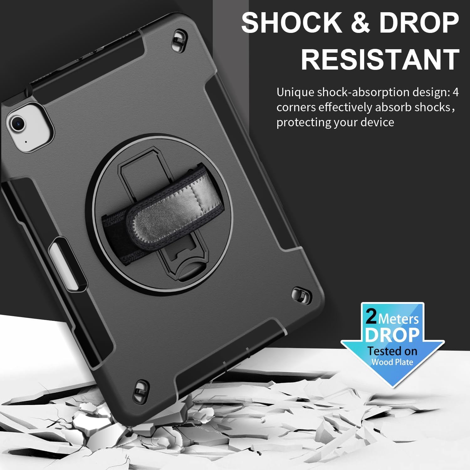 Junfire Protective Case for iPad Air 11-inch M4/M3/M2 (2026/2025/2024), Shockproof Rugged iPad Air 11 Case with 360°Rotating Kickstand/Hand Strap/Shoulder Strap/Stylus Holder-Black