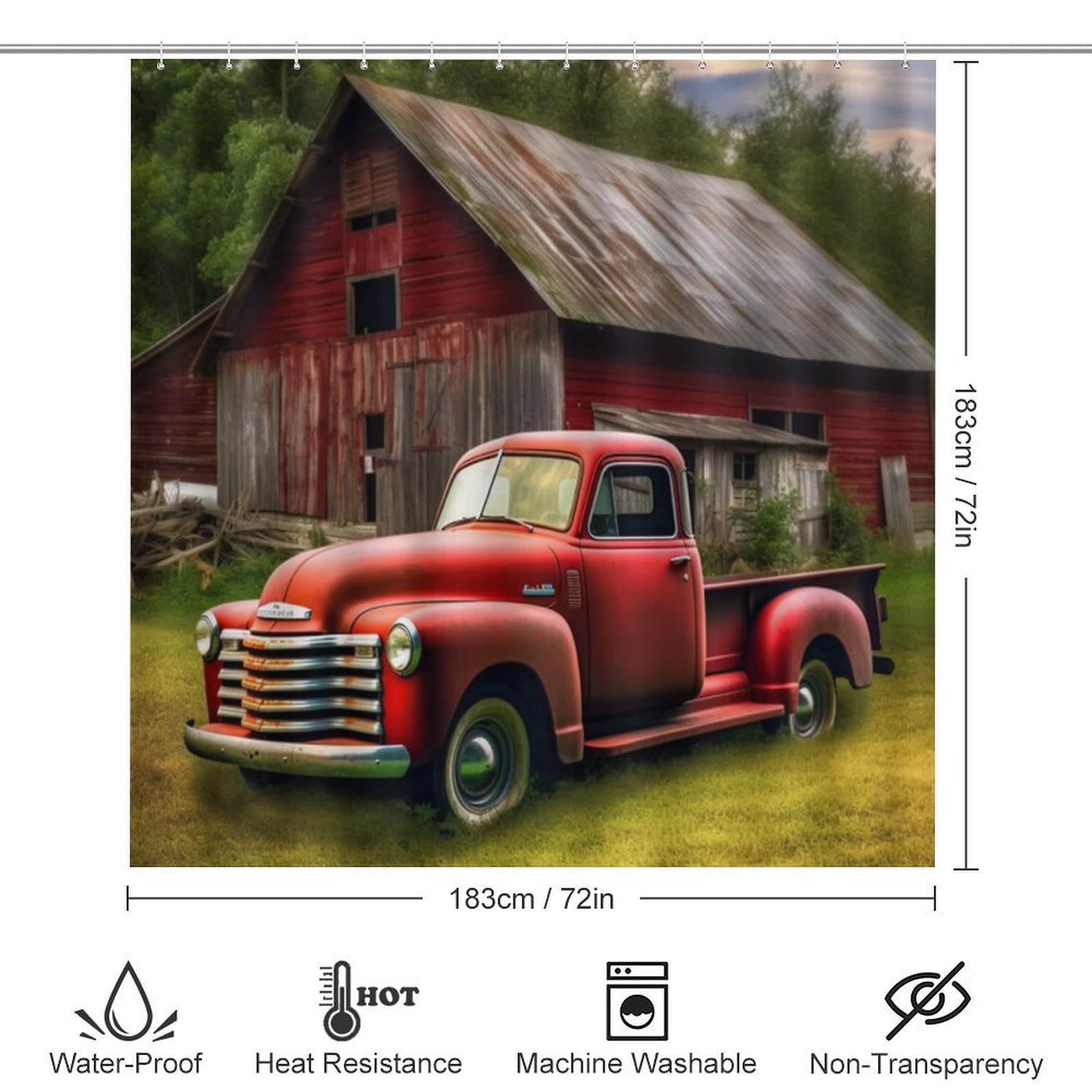 VHPVHP 4 Pcs Bathroom Shower Curtain Set,Bathroom Sets with Rugs (Bath Mat,U Shape and Toilet Lid Cover Mat), Red Truck at The Barn Bathroom Decor Set