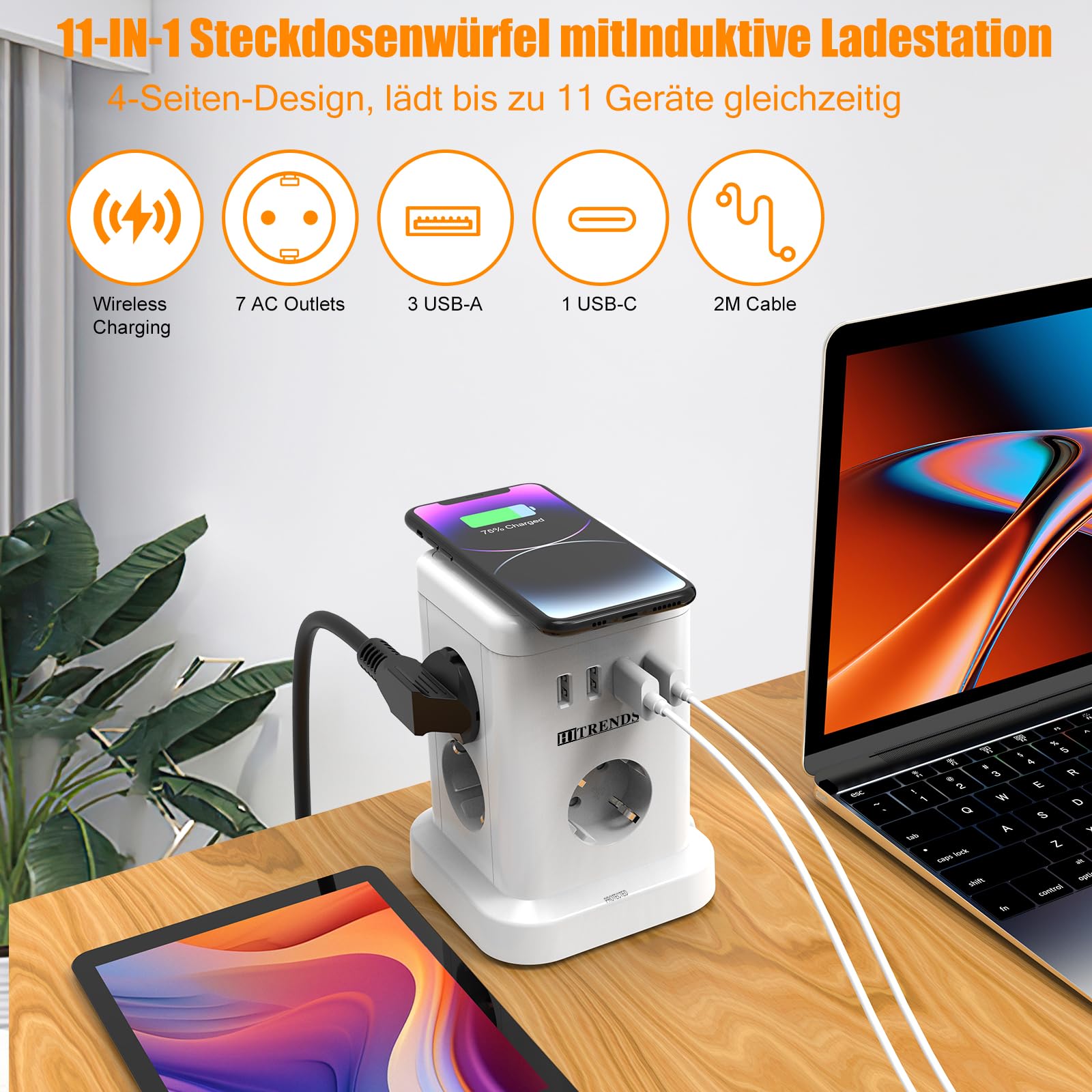 Torre de 7 enchufes con cargador inalámbrico, protección contra sobretensiones, interruptor, 10 A, 2300 W, regleta (7 Schuko + 4 USB), enchufe múltiple con cable de extensión de 2 m, para oficina