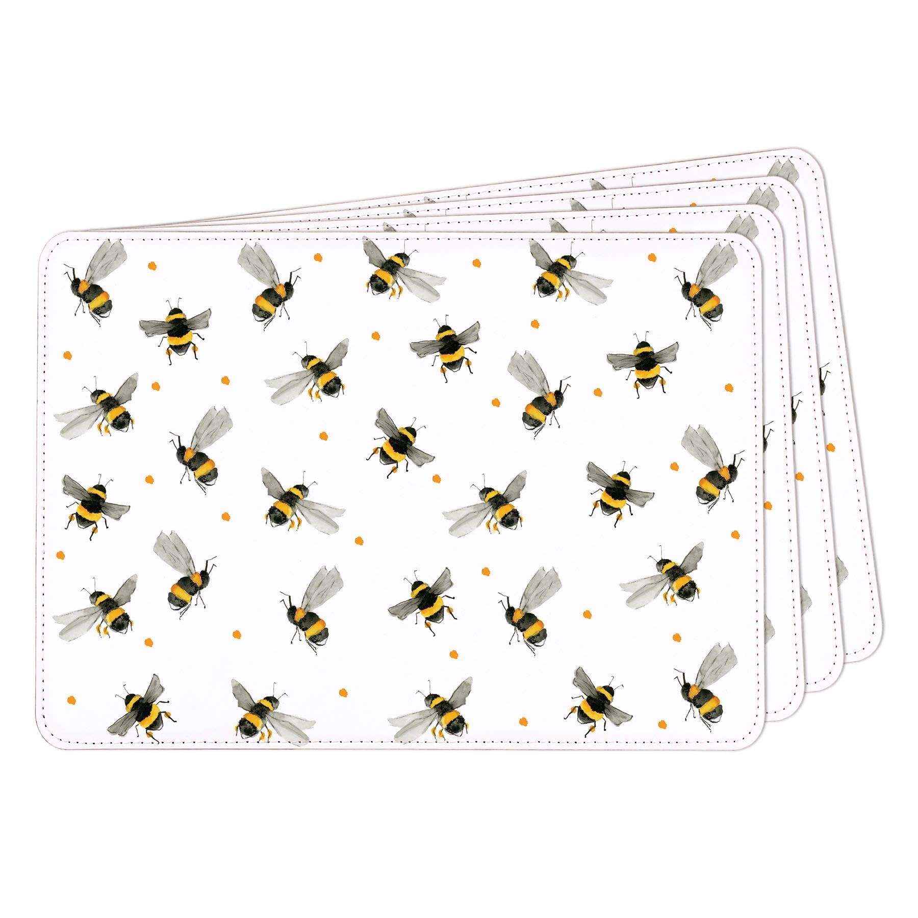 Set of 4 Faux Leather Placemats - Scattered Bees - Waterproof Wipeable Dining Table Mats, 28 x 20cm