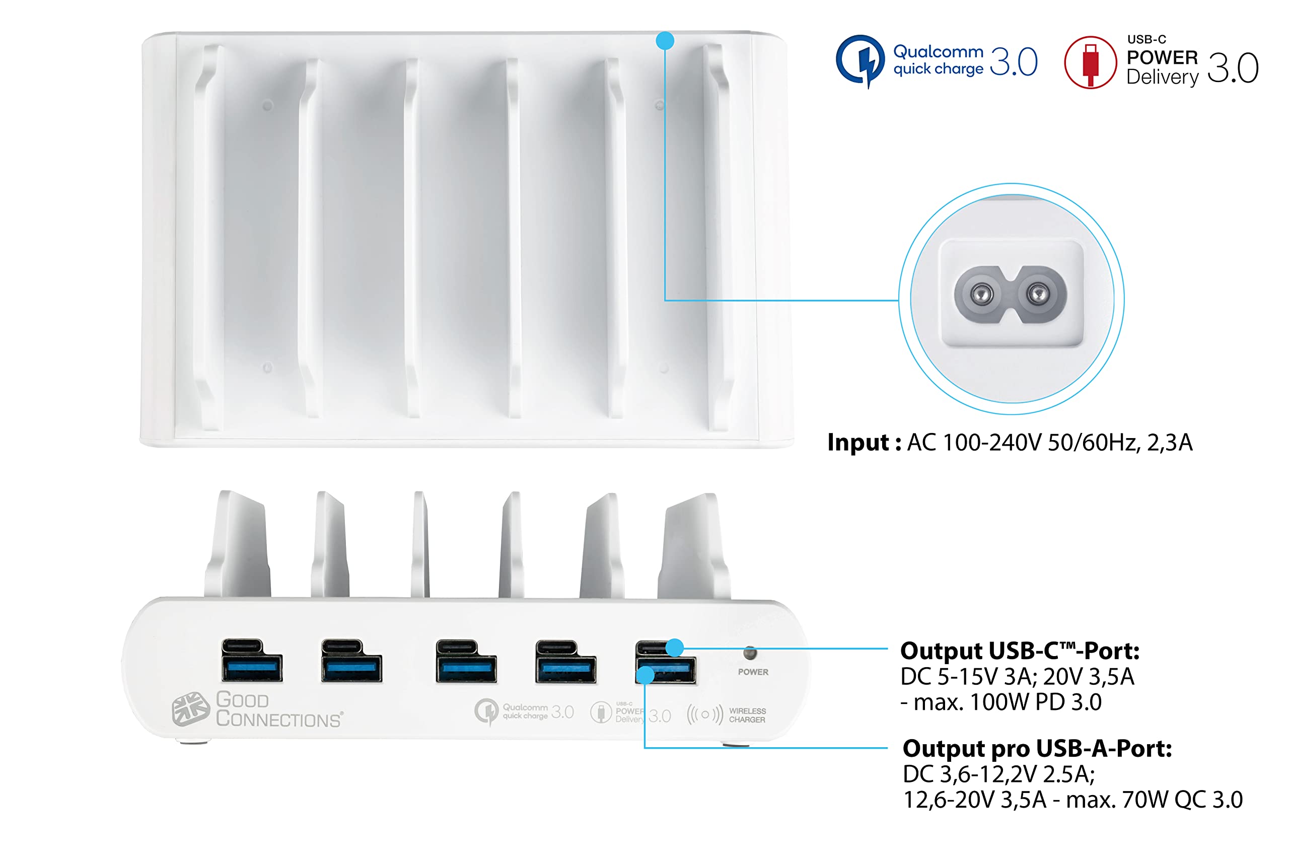 Good Connections Stacja szybkiego ładowania USB 110 W - 10 portów - 5X USB-C maks. 100 W i 5 x USB-A maks. 70 W, łącznie maks. 110 W - PD 3.0, QC 3.0 - do smartfonów, notebooków, tabletów i wielu