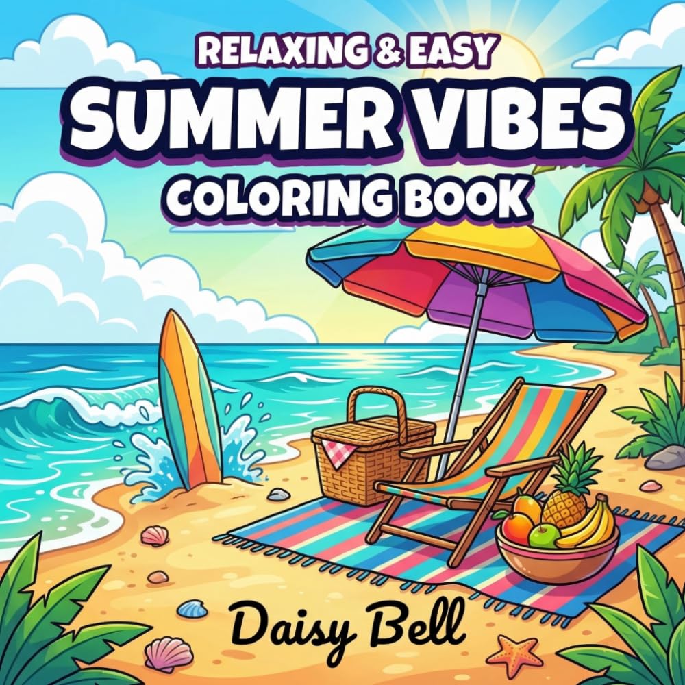 Summer Vibes: Bold and Easy Coloring Book for Adults and Kids Featuring Relaxing Beach Scenes Tropical Vacations and Simple Ocean Designs for Stress Relief