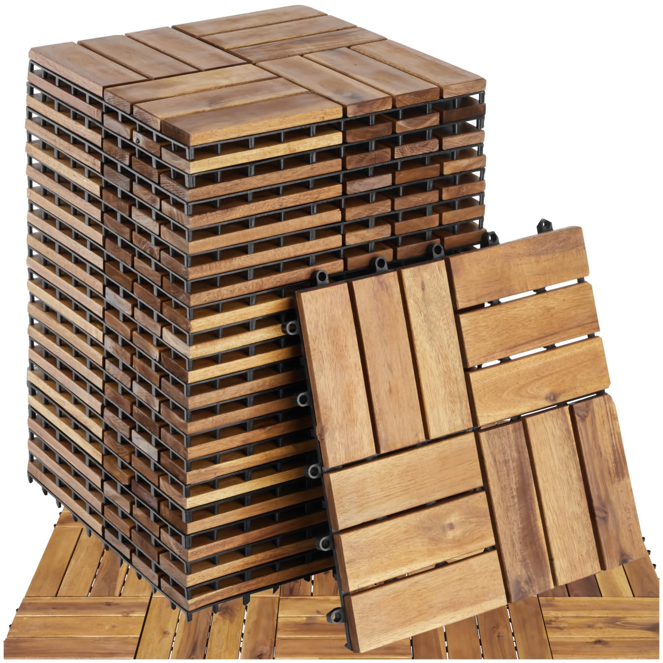 tectake® Holzfliesen, Holz Fliesen wetterfest, Bodenbelag für Wintergarten, Bodenfliesen, Balkonboden, Boden Trittsteine Garten, Terrassenfliesen mit Klicksystem, Drainage - 20er Set/12er Lamellen