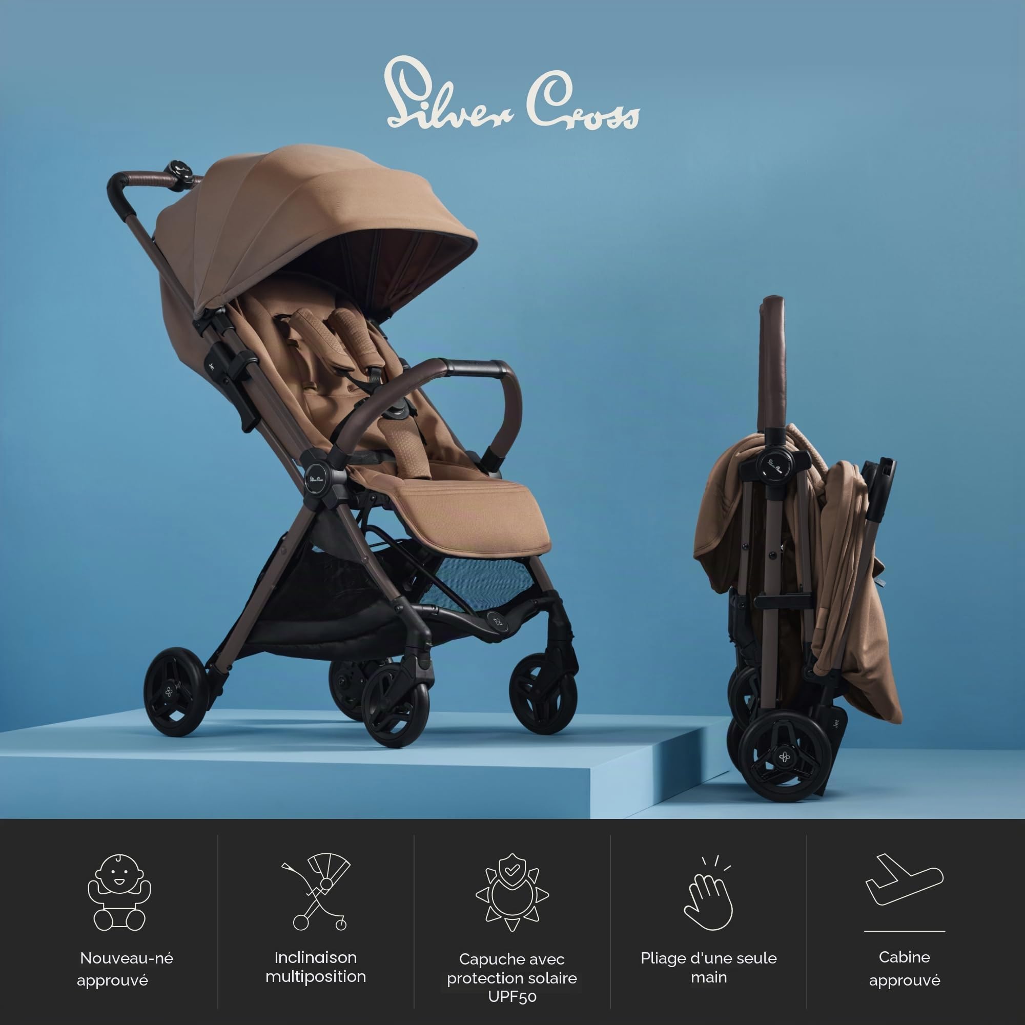 Silver Cross - Poussette compacte Jet 5 - Poussette de voyage - Poussette pliable et légère - Système de voyage - Taille cabine - Compatible avec siège auto (vendu séparément) - Nouveau-né à 4 ans