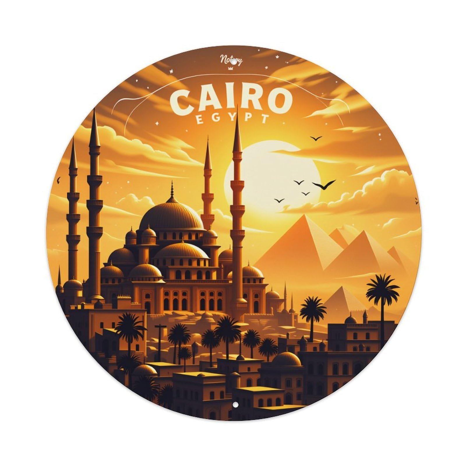 Cairo Sunset Mosque Pyramids Palm Round Tin Sign Vintage Style Metal Sign Home Bar Garden Wall Plaque Decor Metal Poster 8x8 Inch