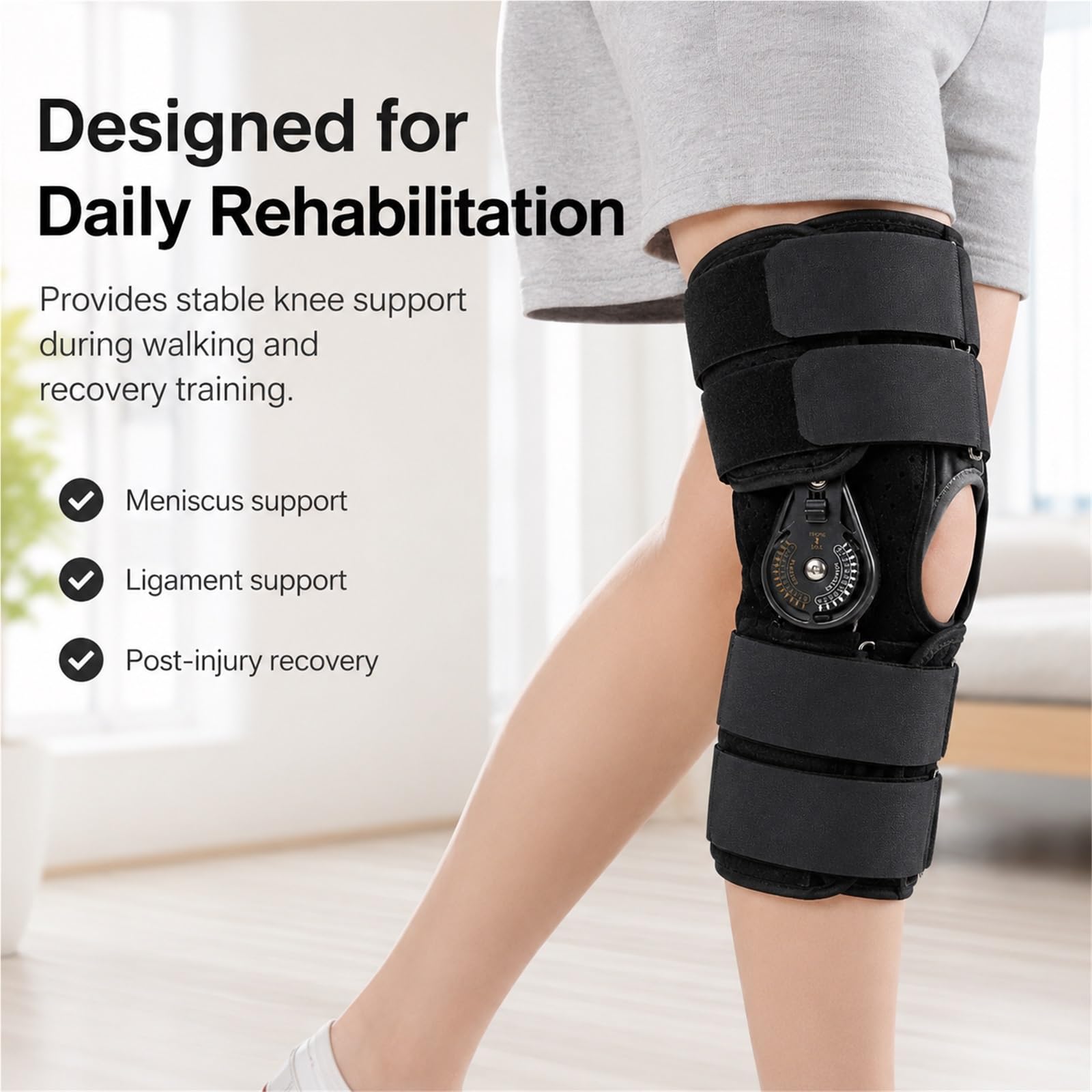 Ginocchiera Articolata Regolabile con Cerniere ROM Rimovibili e Controllo della Flessione per Post-Operatorio Supporto Compressione Traspirante Design Antiscivolo(L)