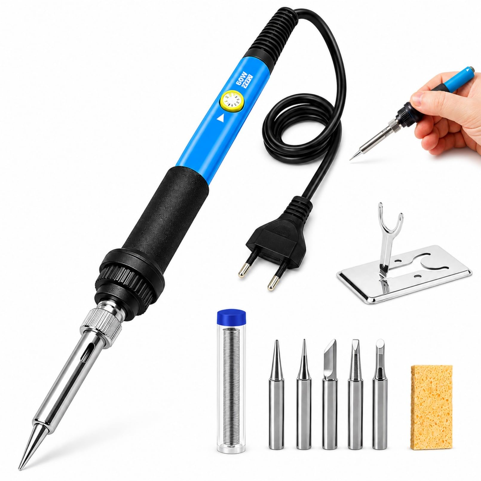 Tin Soldering Iron 60W, Tin Soldering Kit 9 Pieces with 5 Interchangeable Tips, Adjustable Electric Tin 200-450°C, Stand, Desoldering Pump, Soldering Wire for Various Use and Repair